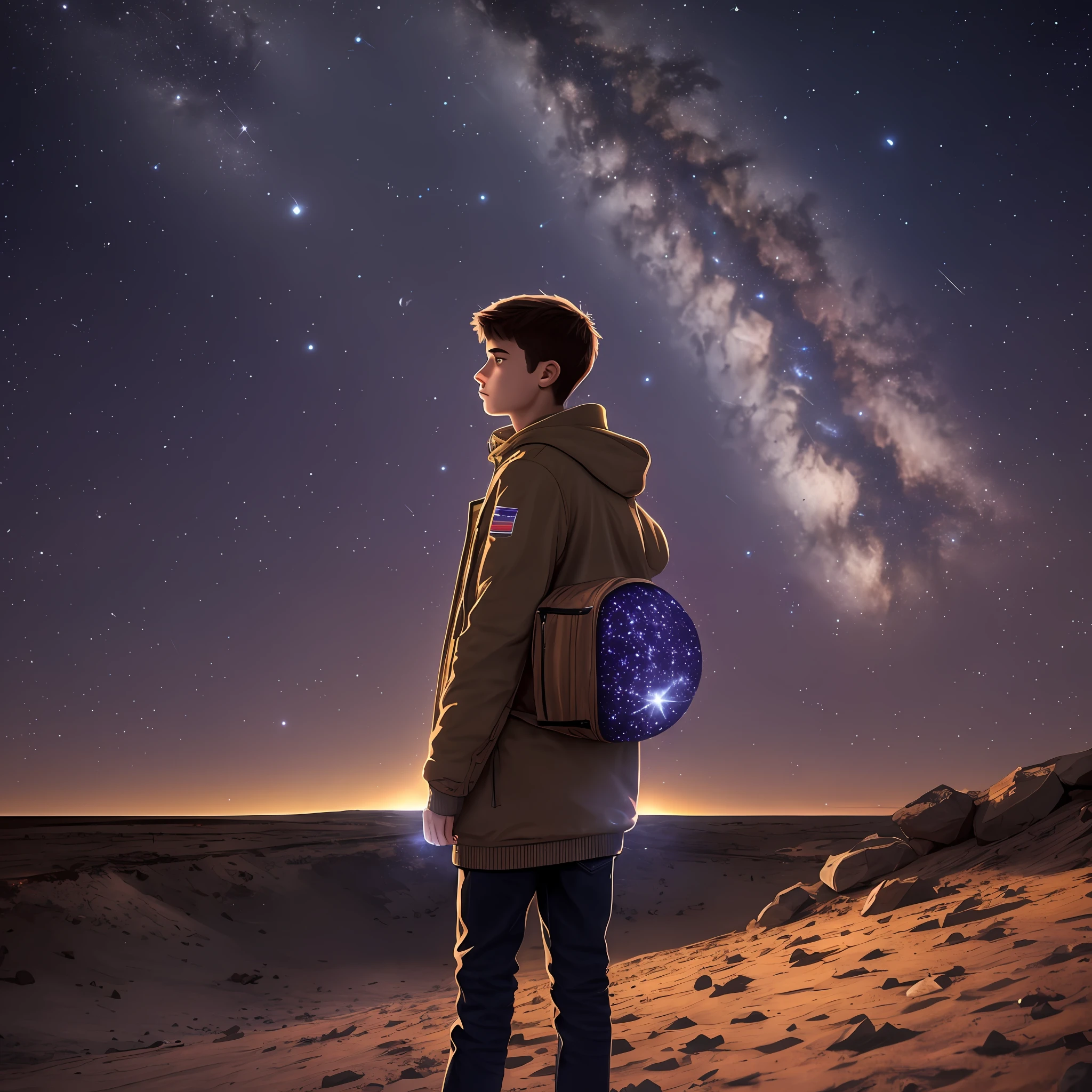 Human teenager neutral standing in a meteor shower under the night sky --auto --s2