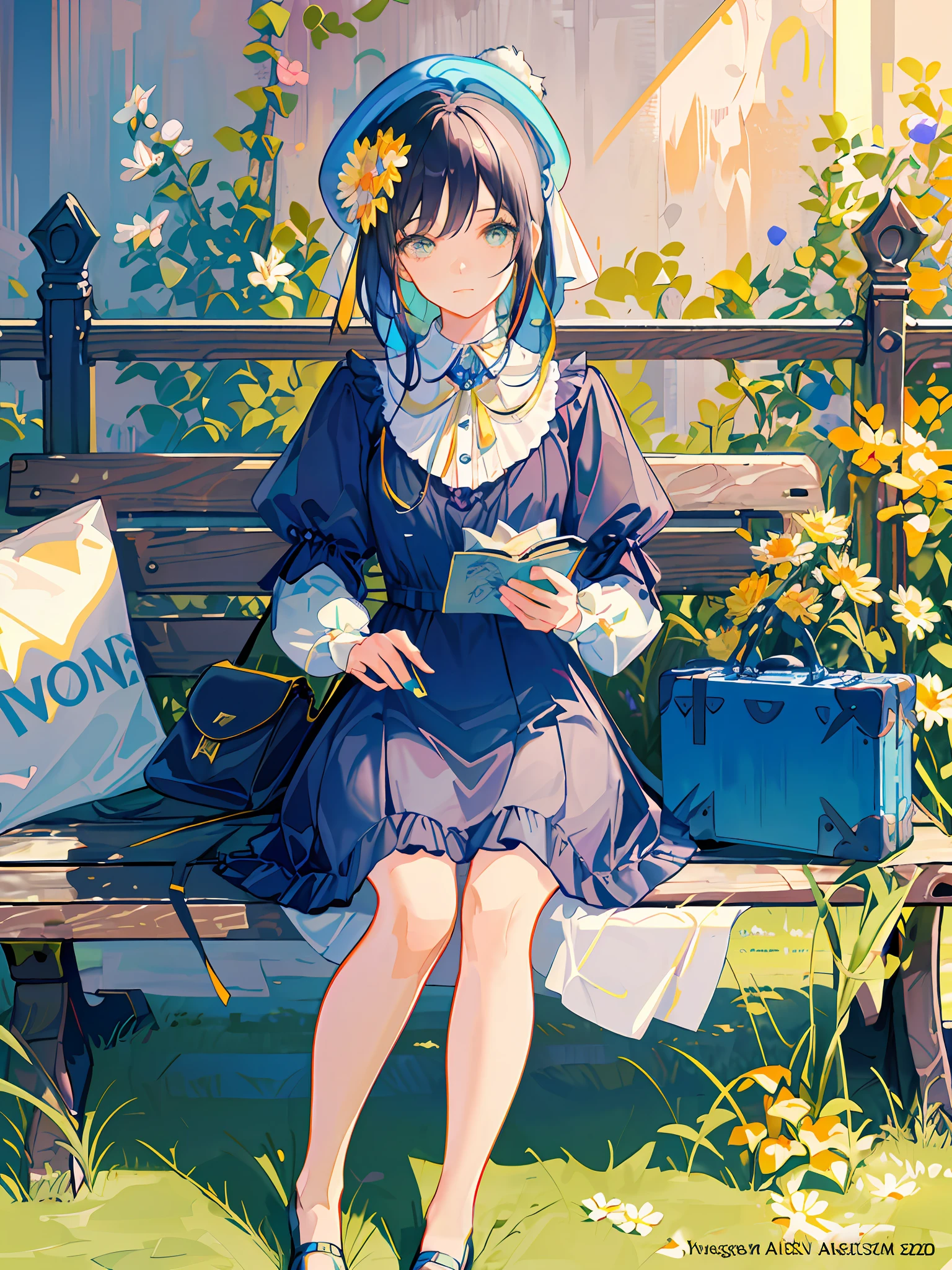 HD4k,masterpiece,best quality),there is a woman sitting on a bench with a suitcase and flowers, colorful photo, magazine photo, with flowers, covered in flowers(daisy), fanart, innocent look. rich vivid colors, in blue and yellow clothes, colorful]”,vintage style,fringes hair, warm black hair,has a blue beret hat