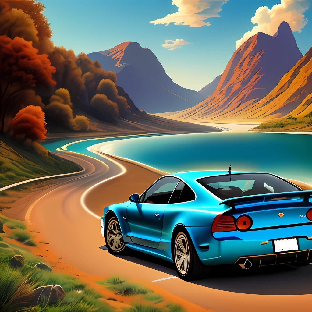 Digital art car illustration drawing, in the style of oil paintings, turquoise blue and light pearlescent brown, 32k UHD, snake, vibrant, exaggerated scenes, nature scenes, hard edge painting.