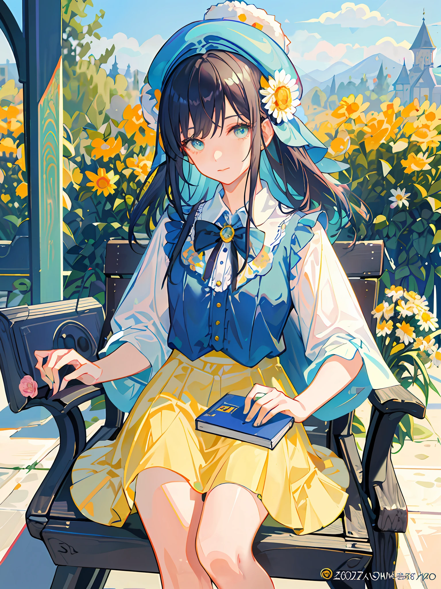 HD4k,masterpiece,best quality),there is a woman sitting on a bench with a suitcase and flowers, colorful photo, magazine photo, with flowers, covered in flowers(daisy), fanart, innocent look. rich vivid colors, in blue and yellow clothes, colorful]”,vintage style,fringes hair, warm black hair,has a blue beret hat
