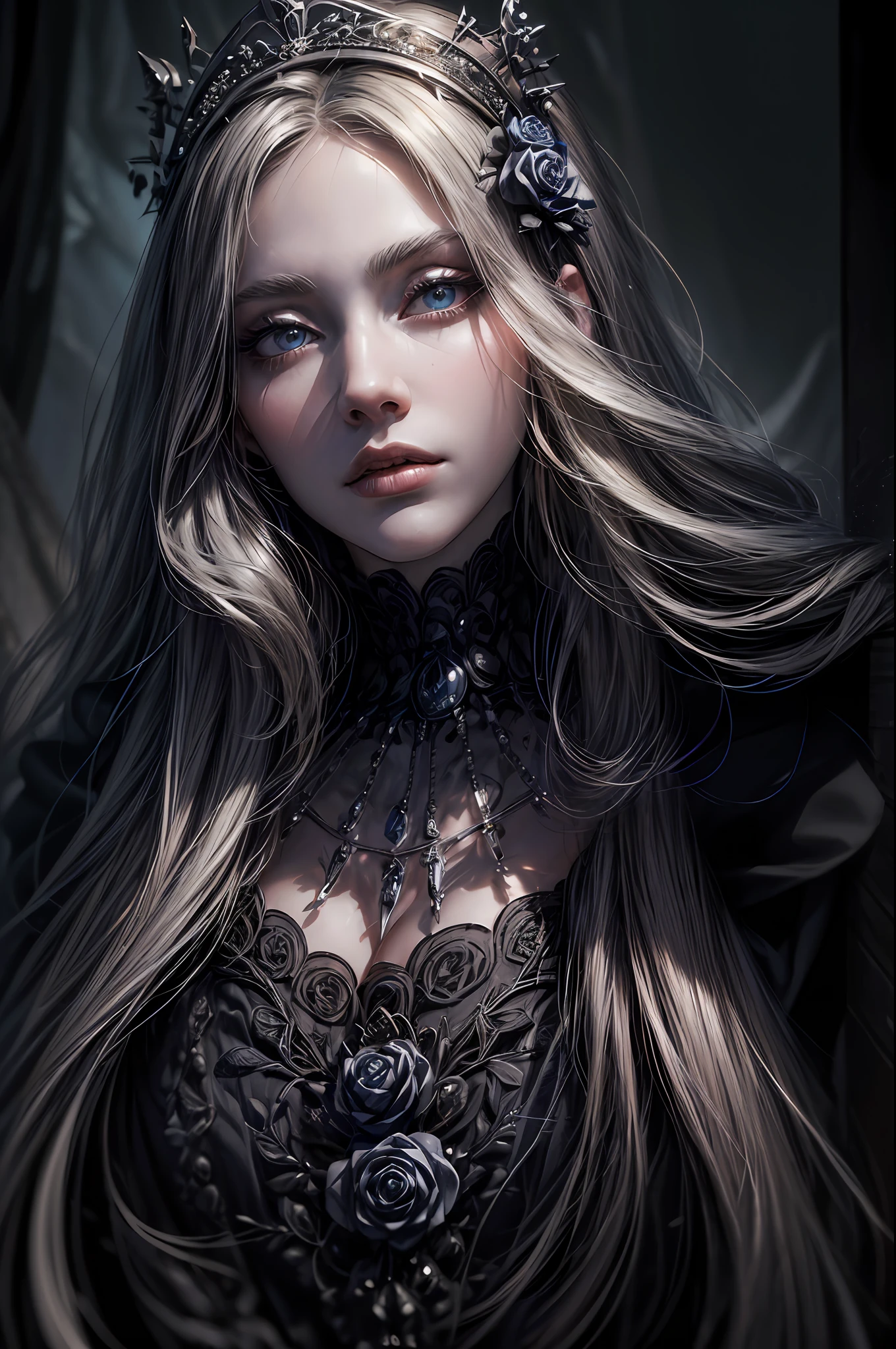 (masterpiece,best quality,realistic:1.37), (intricate and delicate, high detailed skin and face), beautiful queen in black dress suite, wraping in luxurious dark hooded robes, dark roses and skull adorn her cloth, (tiara,roses,skull ornamental,black,dark),blue eyes, dark background, cinematic soft lighting