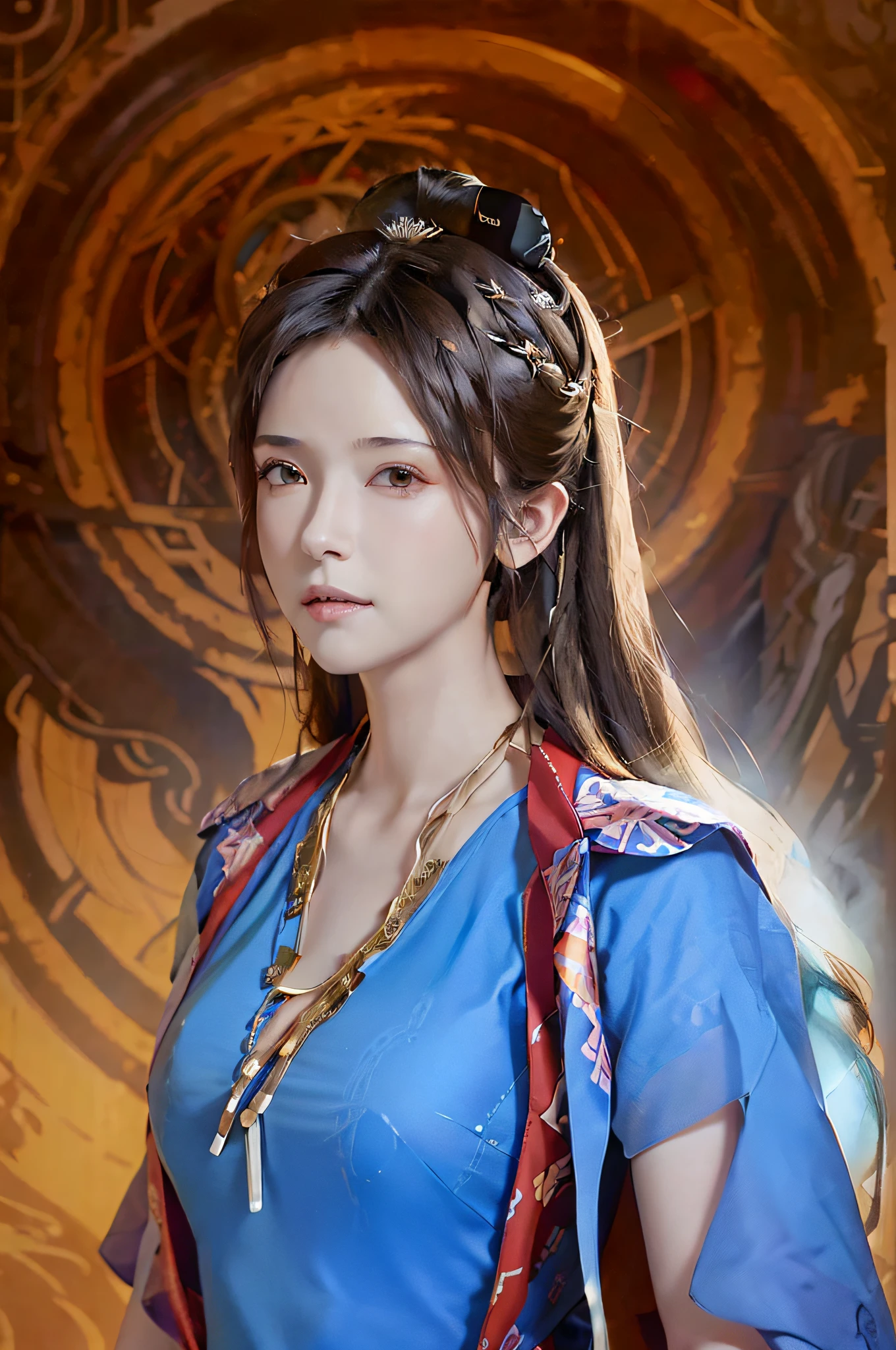 Hyperrealist portrait of female by david hockney and alphonse mucha,fantasy art, photo realistic, dynamic lighting, artstation, poster, volumetric lighting, very detailed faces, 4 k, award winning,, 1girl, in the dark, deep shadow, low key,cowboy shot,(official clothing:1.4) ,long hair,white hair,