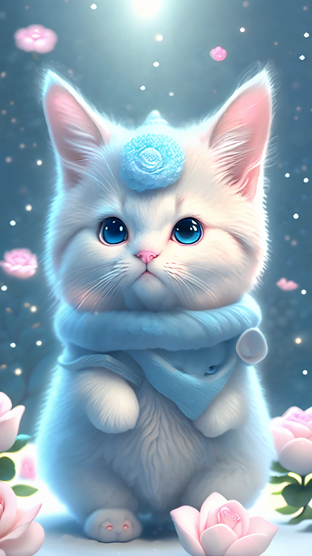 In this ultra-detailed CG art, cute kittens surrounded by ethereal roses, laughter, best quality, high resolution, intricate details, fantasy, cute animals, open mouths, laugh!!