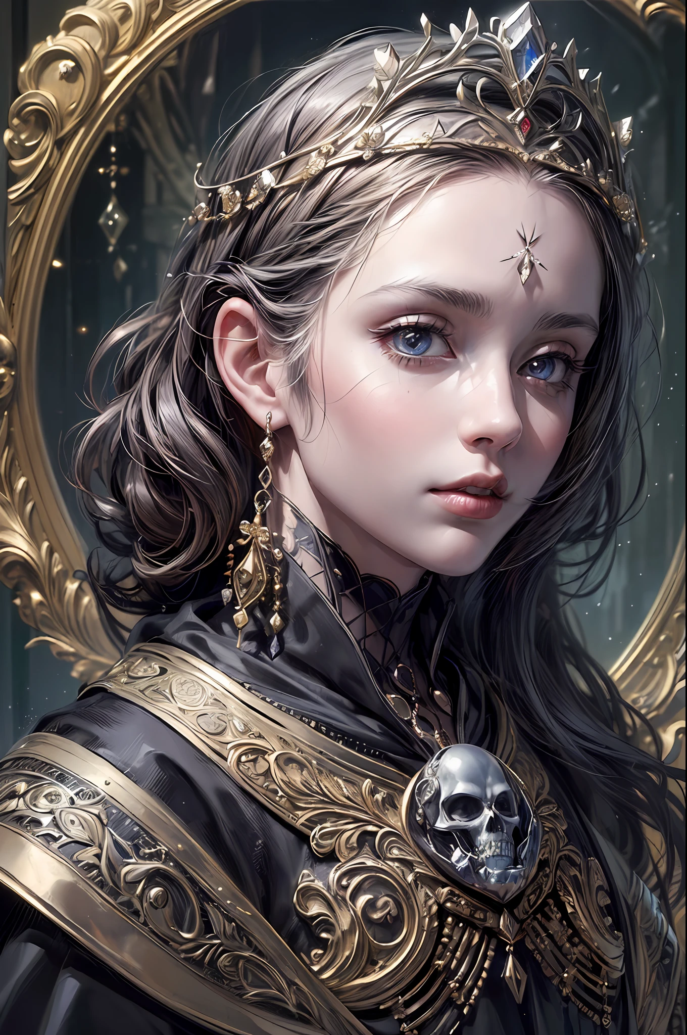 (masterpiece,best quality,realistic:1.37), (intricate and delicate, high detailed skin and face), beautiful queen in black dress suite, wraping in luxurious dark hooded robes, dark roses and skull adorn her cloth, (tiara,roses,skull ornamental,black,dark),blue eyes, dark background, cinematic soft lighting