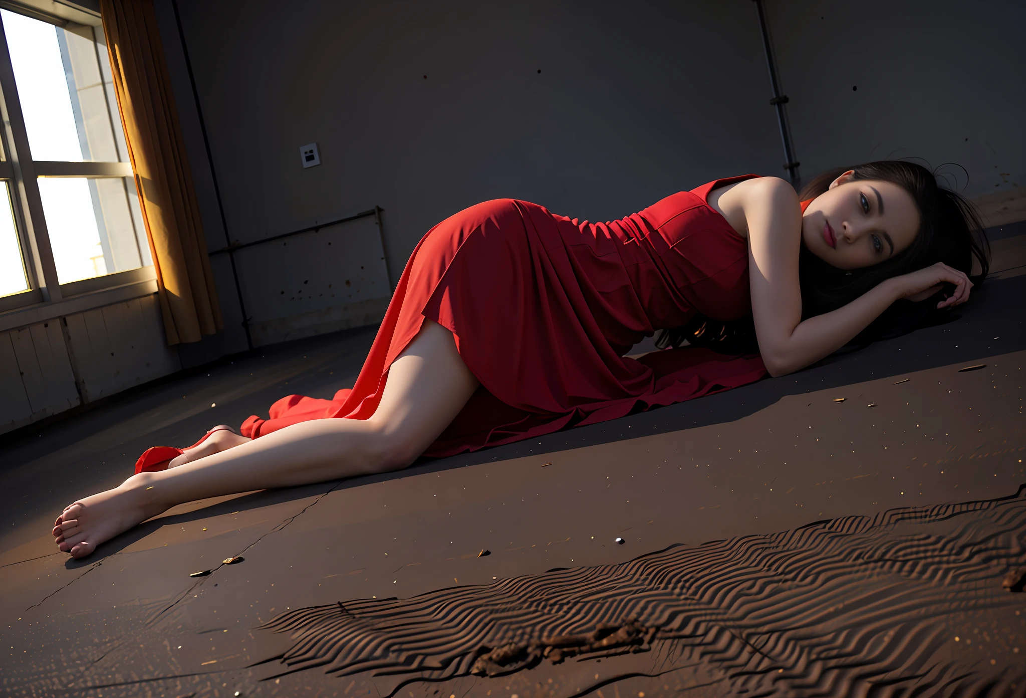Woman in red dress lying on highway, outside, dust, sand, weeds, guardrail, lying in dynamic pose, in red dress, lying on highway, elegant movie pose, wearing red dress, wearing red cheongsam, stunning elegant pose, she is lying on her back, shot with Sony A7R camera, wearing red dress, red dress, lying on the ground