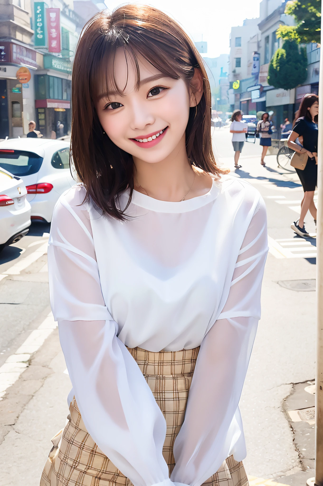 Smiling, white blouse, street corner