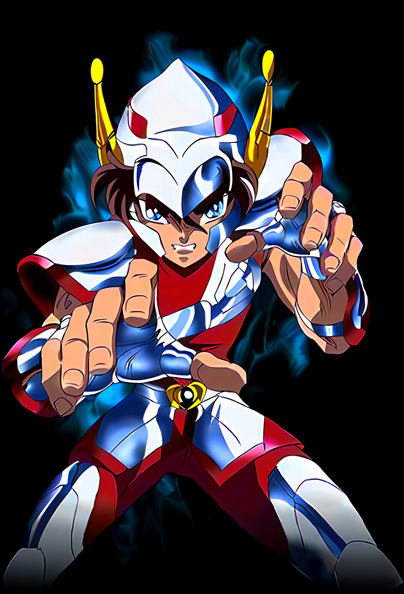 A closeup of a cartoon character, dressed in silver armor, Saint Seiya, drawn like the anime, Masami Kurumada style anime image, Mazinger, Shingo Araki art,((Masami Kurumada)), Saint Seiya, Unreal Engine render Saint Seiya, Super Robot
