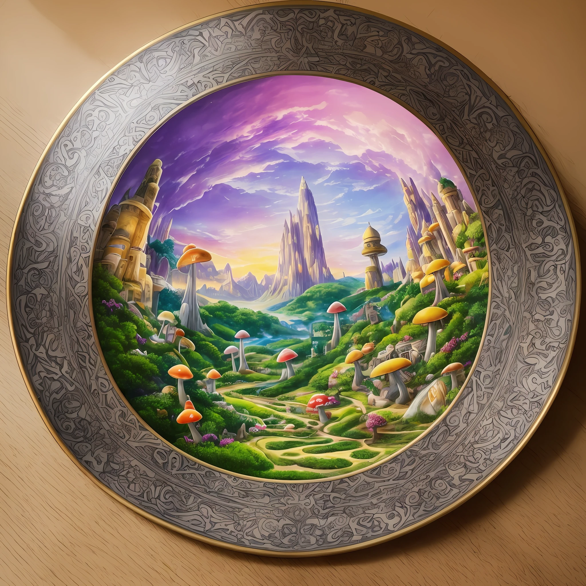Watercolor drawing, Computer visualized graphics, realistic fantasy, anime, clamp, chobits, Disney, cartoon characters, Extensive landscape ultrasound photography (general view, which shows, glra, cave, passage, tunnel, maze duet, fly agaric, mushrooms, cute cartoon face, big eyes, nose with a cortoshka, mouth, cartoon hands and legs, set, tray, drink tea, actions in the form of pouring tea), blurred background, gloomy, yellow, green, purple background,  pink, warm, magic "Majestic mountains," "Lush forests," "Glittering lakes," "Desert dunes," "Golden sunsets." --auto --s2