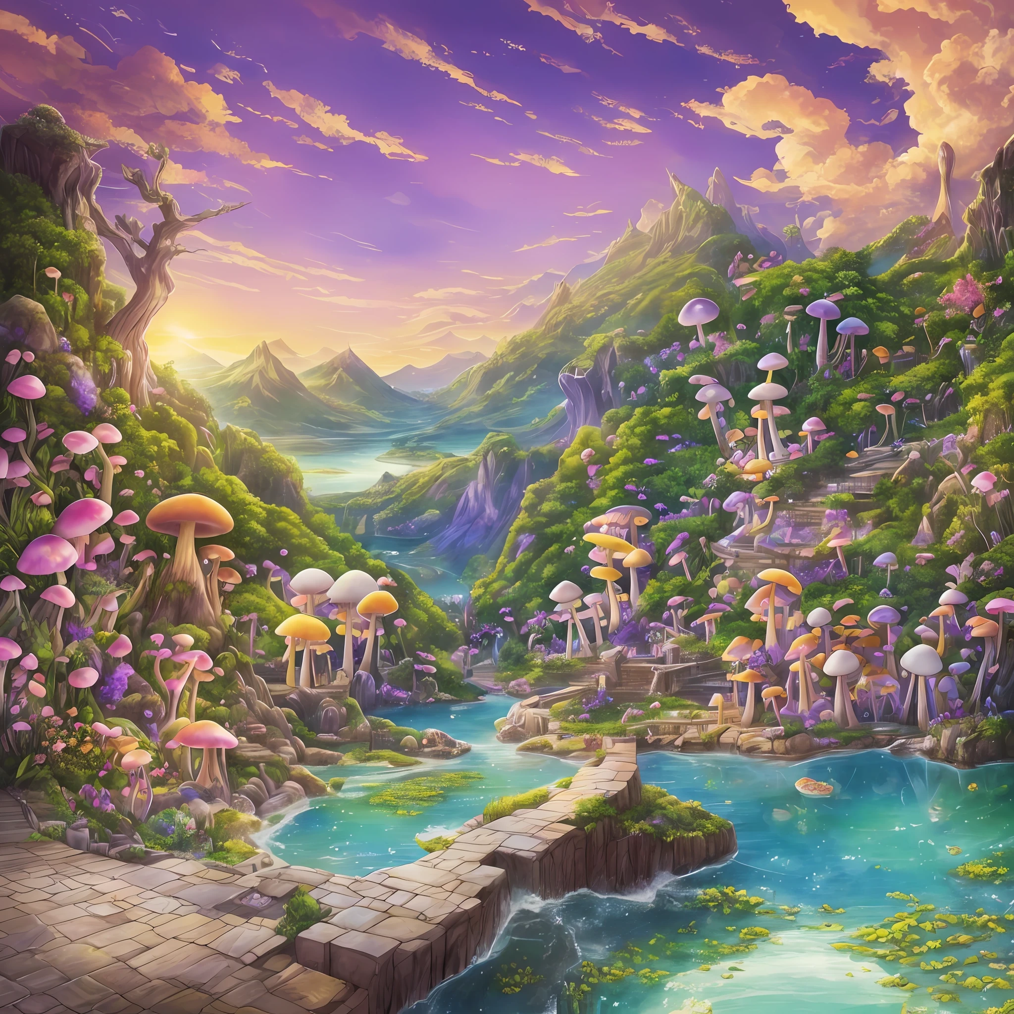 Watercolor drawing, Computer visualized graphics, realistic fantasy, anime, clamp, chobits, Disney, cartoon characters, Extensive landscape ultrasound photography (general view, which shows, glra, cave, passage, tunnel, maze duet, fly agaric, mushrooms, cute cartoon face, big eyes, nose with a cortoshka, mouth, cartoon hands and legs, set, tray, drink tea, actions in the form of pouring tea), blurred background, gloomy, yellow, green, purple background,  pink, warm, magic "Majestic mountains," "Lush forests," "Glittering lakes," "Desert dunes," "Golden sunsets." --auto --s2