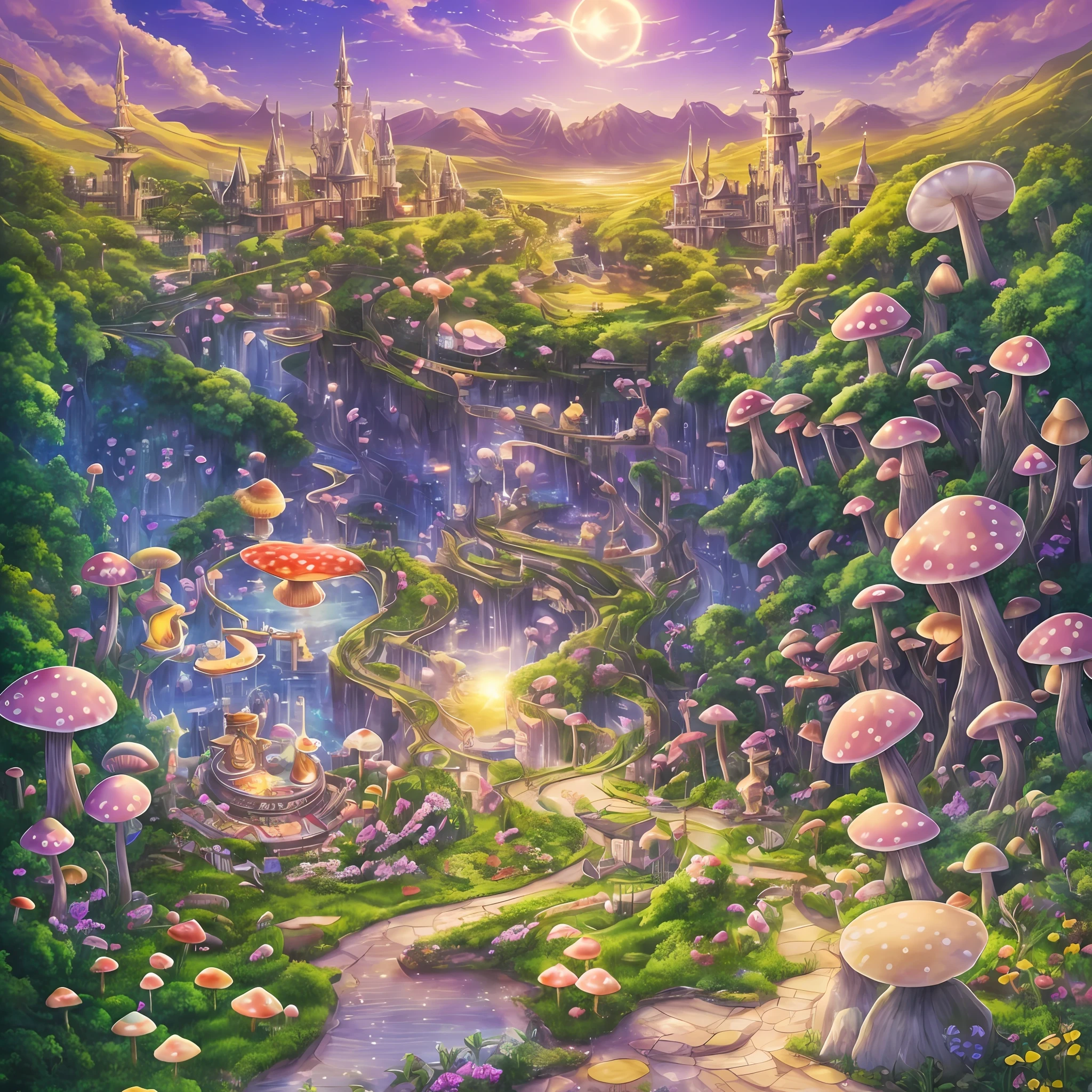 Watercolor drawing, Computer visualized graphics, realistic fantasy, anime, clamp, chobits, Disney, cartoon characters, Extensive landscape ultrasound photography (general view, which shows, glra, cave, passage, tunnel, maze duet, fly agaric, mushrooms, cute cartoon face, big eyes, nose with a cortoshka, mouth, cartoon hands and legs, set, tray, drink tea, actions in the form of pouring tea), blurred background, gloomy, yellow, green, purple background,  pink, warm, magic "Majestic mountains," "Lush forests," "Glittering lakes," "Desert dunes," "Golden sunsets." --auto --s2