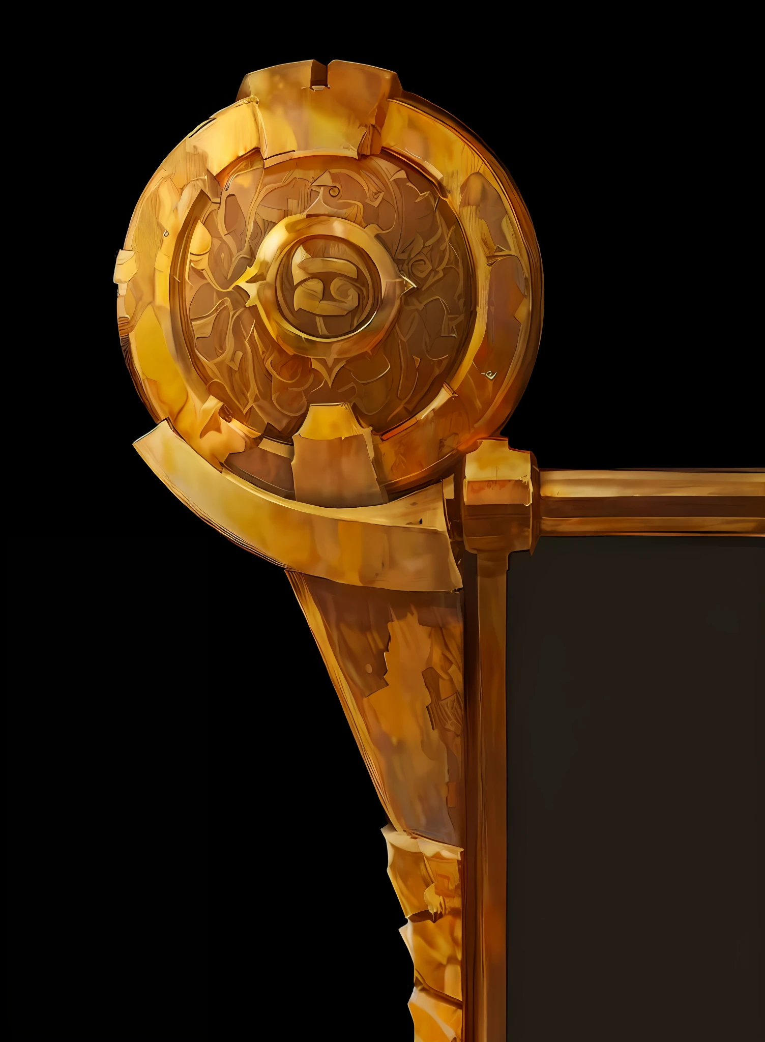 a close up of a trophy with a black background, ancient symbol behind it, wooden staff, huge stylized pauldrons, heavy jpeg artifact blurry, quest marker, hero prop, golden pauldrons, ability image, game icon stylized, hearthstone weapon art, torchlight. sketch, golden pommel, infinity glyph, arena background