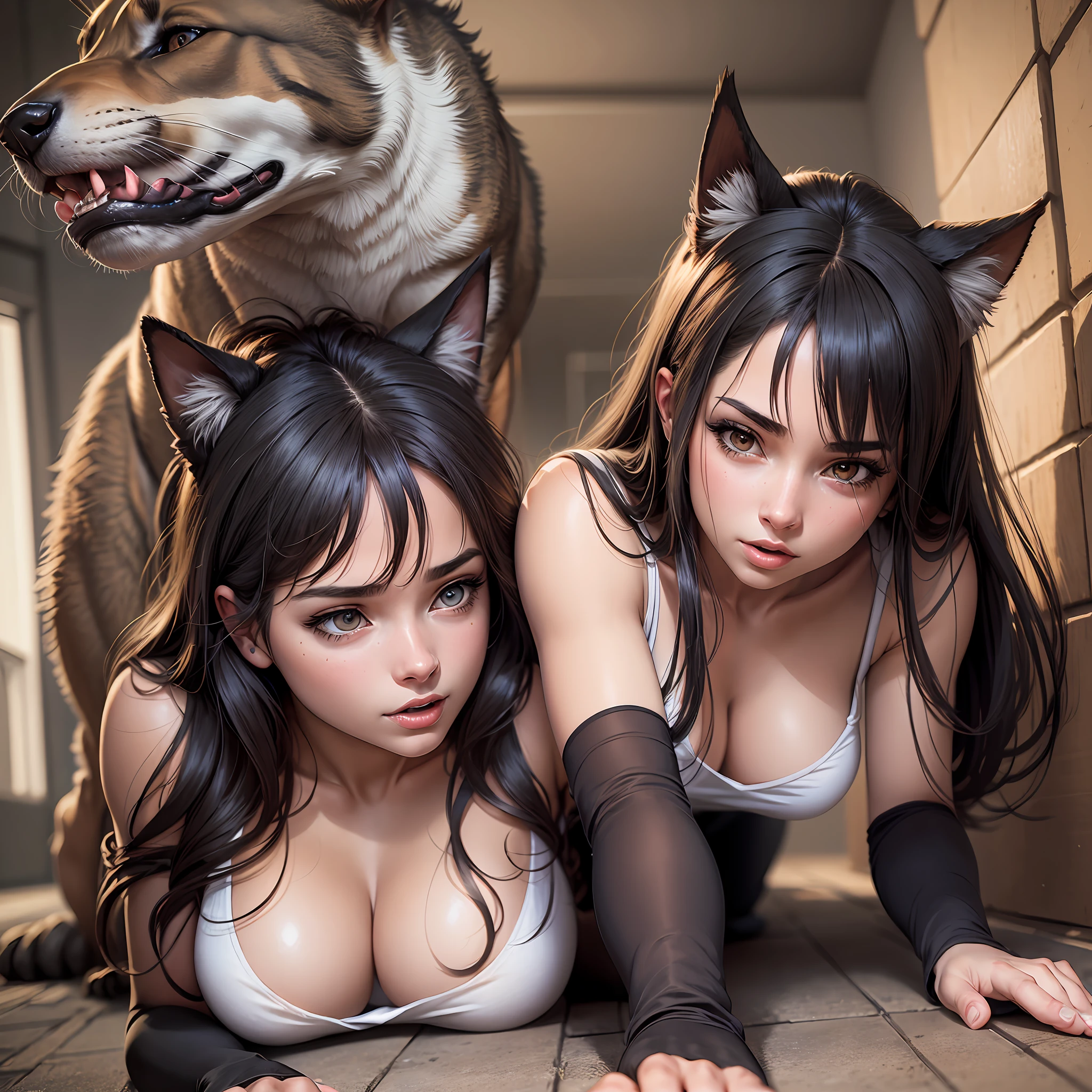 A stunning young woman on all fours, gradually transforming into a doggirl, with realistic details, great lighting, and emotional expression. --auto --s2