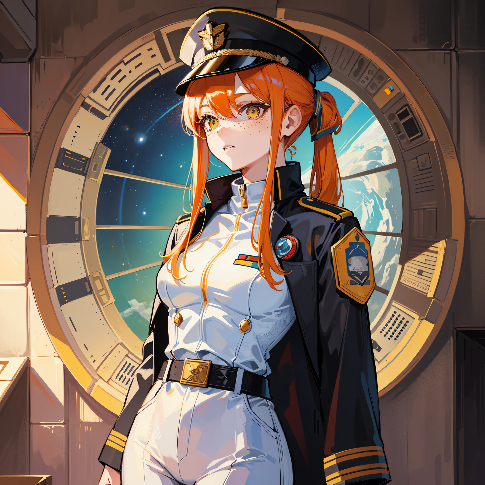 ((Masterpiece)), ((Highest Image Quality)), ((Best Quality)), (Illustration of One Girl), Full Body, 25 Years Old, Neutral, ((Freckles))), Orange Hair Ponytail, Yellow Eyes, (Tall Body)), Big, (Muscular Strong Body)), ((Muscular Strong Body)), (Military Uniform)), (Military Hat)), ((Army Coat)), (White Clothes), (White Pants), (White Hat), Trench Coat, ((Inside the Spacecraft)), (Outside the Window, Space, Earth as seen from space, Spaceport)