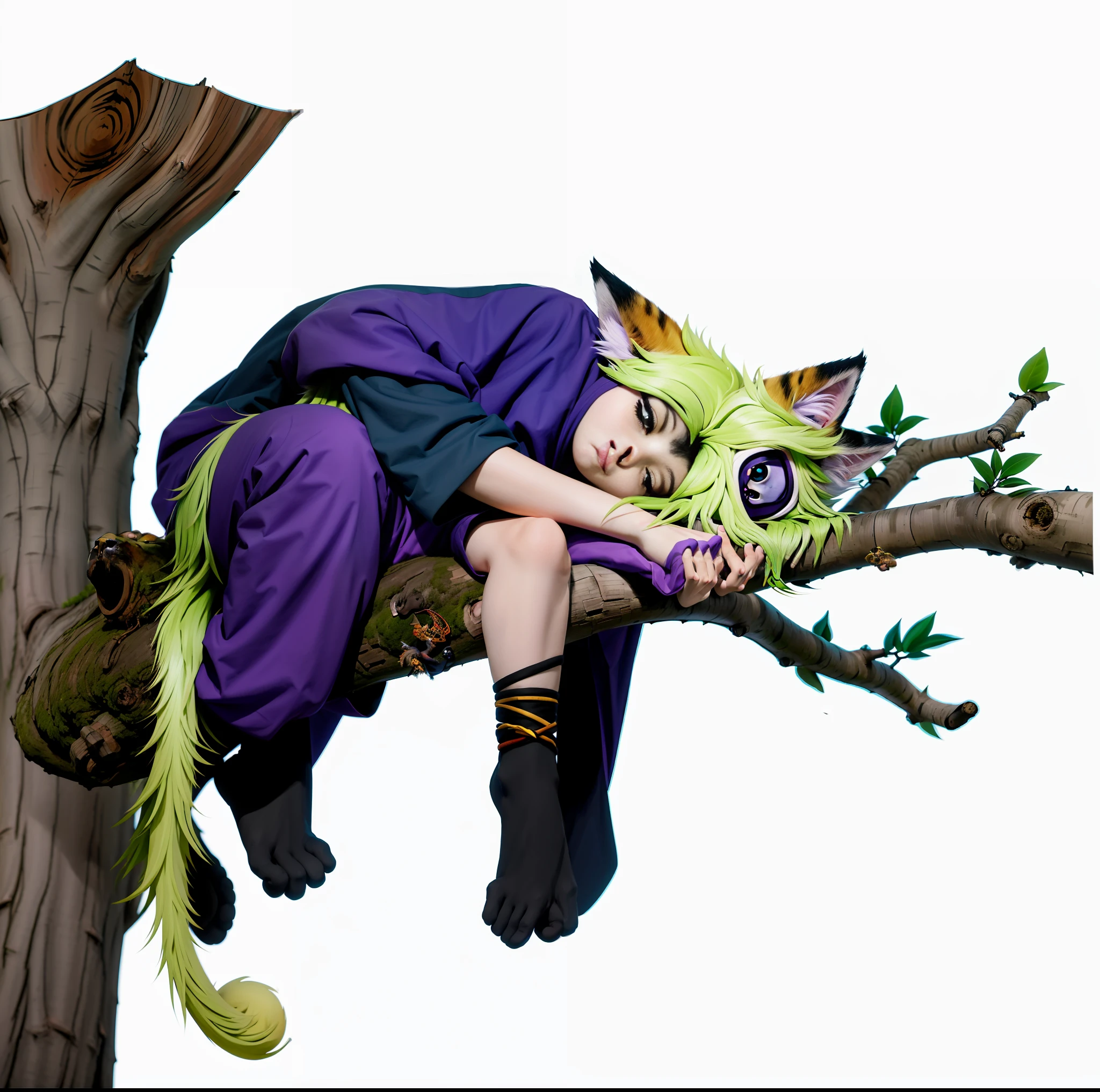 cartoon cat sleeping on a tree branch with a purple shirt, an exhausted deity, on a branch, furaffinity commission, commission for high res, anthropomorphic cat ninja, nature druid dreaming, commission on furaffinity, in a tree, fursona furry art commission, on a tree, of an evil tree wizard, professional furry drawing