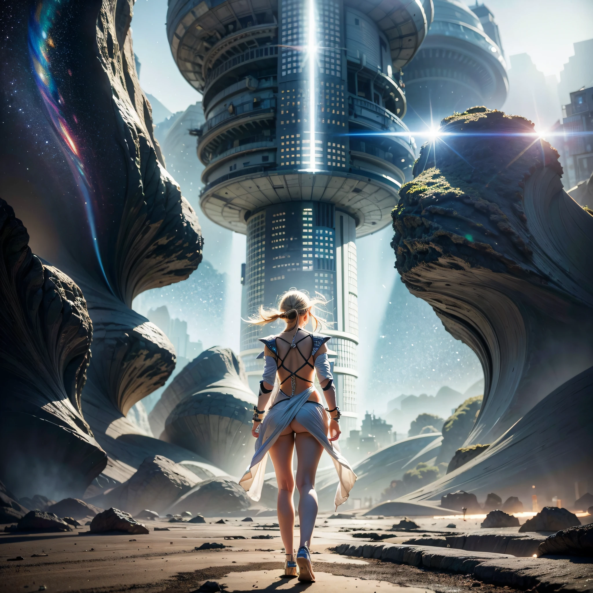 in a space colony, futuristic city, one girl, rembrandt lighting, full body, backlit, fantastic worldview, devastated world, photorealistic, wearing a dress, looking into the distance, light shining on a girl, black hole