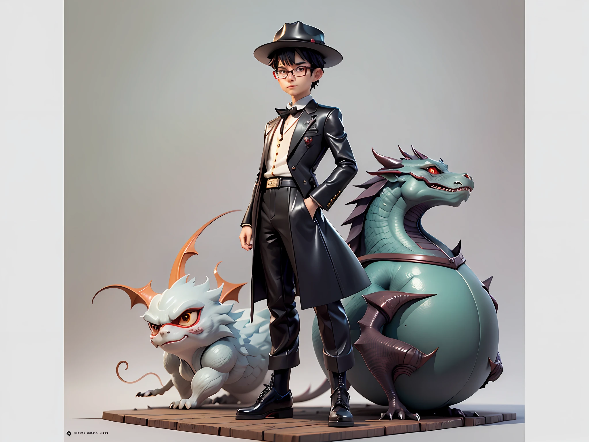 Young man with oriental face in leather hat, dragon, formal suit, short black hair, silver glasses, digital painting, 3D character design by Mark Clairedon and Pixar and Hayao Miyazaki and Akira Toriyama, the illustration is a high-definition illustration in 4K resolution with very detailed facial features and cartoon-style visuals.