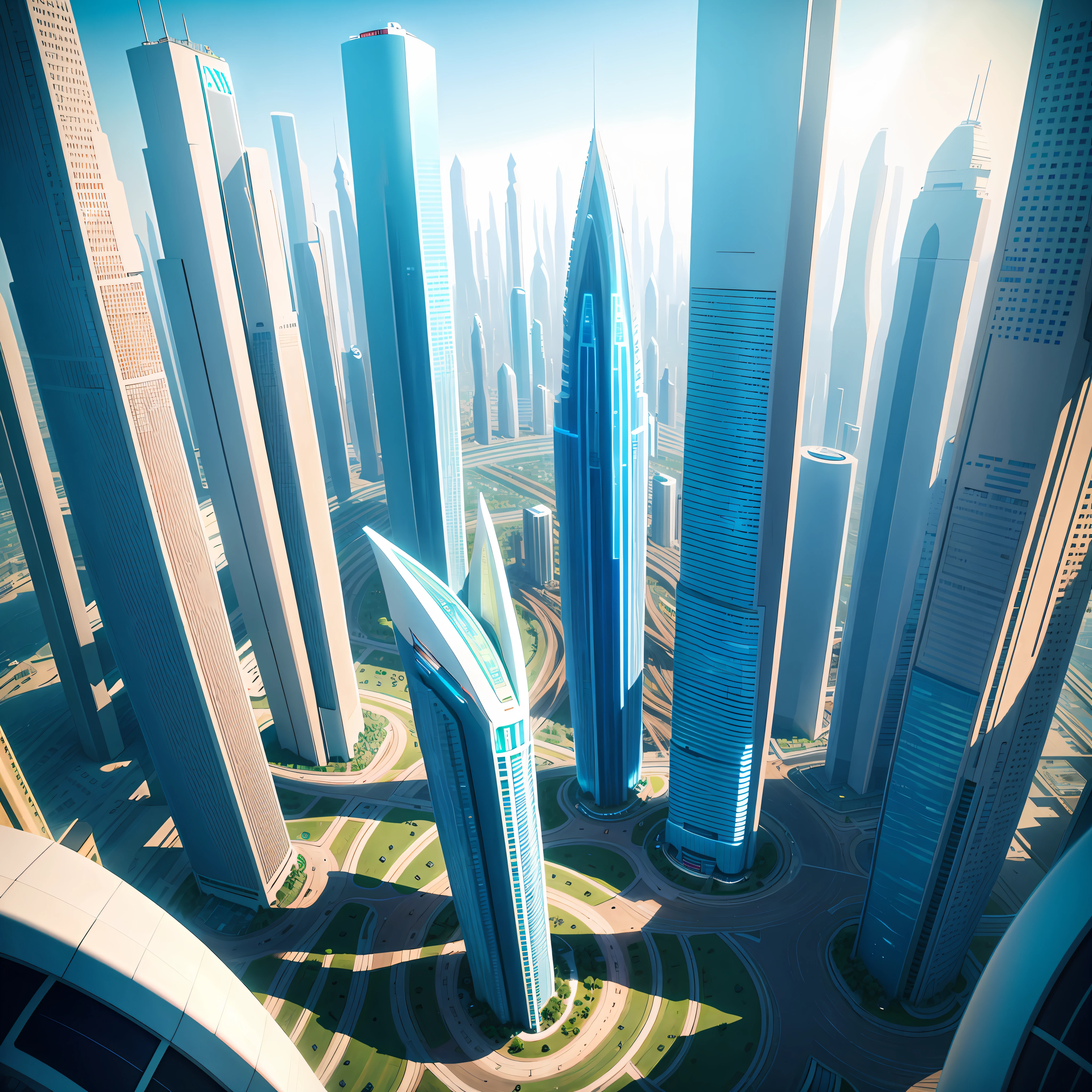 futuristic Utopian megapolis in year 3000, fully white buildings, no people, tall cyberpunk white building's, shot from sky