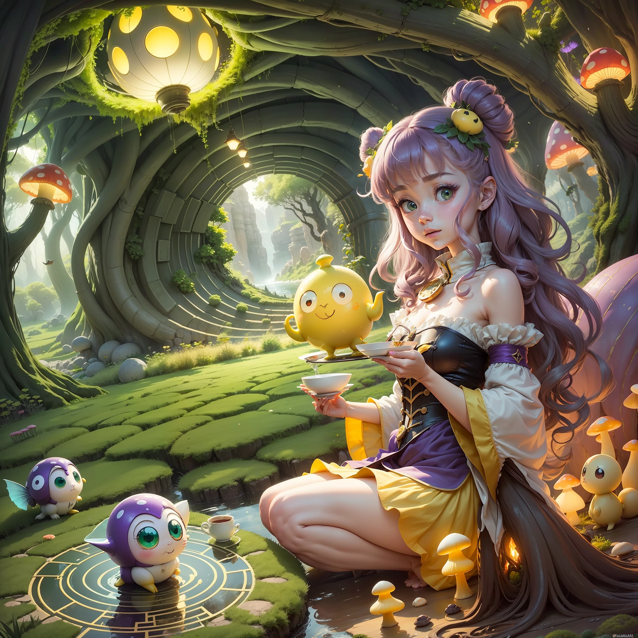 Computer Visualized Graphics, Realistic Fantasy, Anime, Clamp, Chobits, Disney, Cartoon Characters, Extensive Landscape Ultrasound Photography (general view, which shows, glra, cave, passage, tunnel, maze duet, fly agaric, mushrooms, cute cartoon face, big eyes, nose with a cortoshka, mouth, cartoon hands and legs, set, tray, drink tea, actions in the form of pouring tea), blurred background, gloomy, yellow, green, purple background, pink,  warm, magical "Majestic mountains," "Lush forests," "Glittering lakes," "Desert dunes," "Golden sunsets." --auto --s2