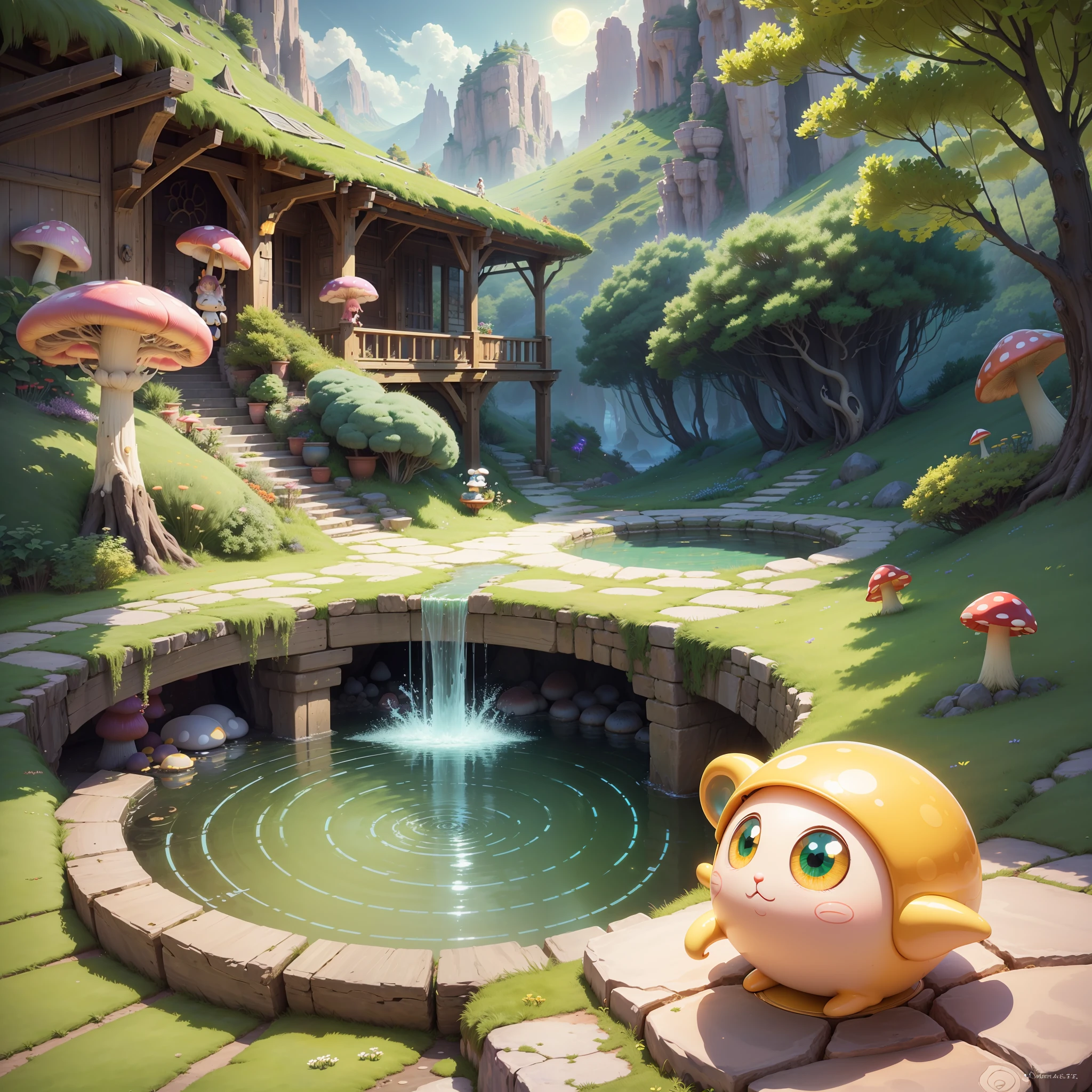 Computer Visualized Graphics, Realistic Fantasy, Anime, Clamp, Chobits, Disney, Cartoon Characters, Extensive Landscape Ultrasound Photography (general view, which shows, glra, cave, passage, tunnel, maze duet, fly agaric, mushrooms, cute cartoon face, big eyes, nose with a cortoshka, mouth, cartoon hands and legs, set, tray, drink tea, actions in the form of pouring tea), blurred background, gloomy, yellow, green, purple background, pink, warm, magical "Majestic mountains," "Lush forests," "Glittering lakes," "Desert dunes," "Golden sunsets." --auto --s2