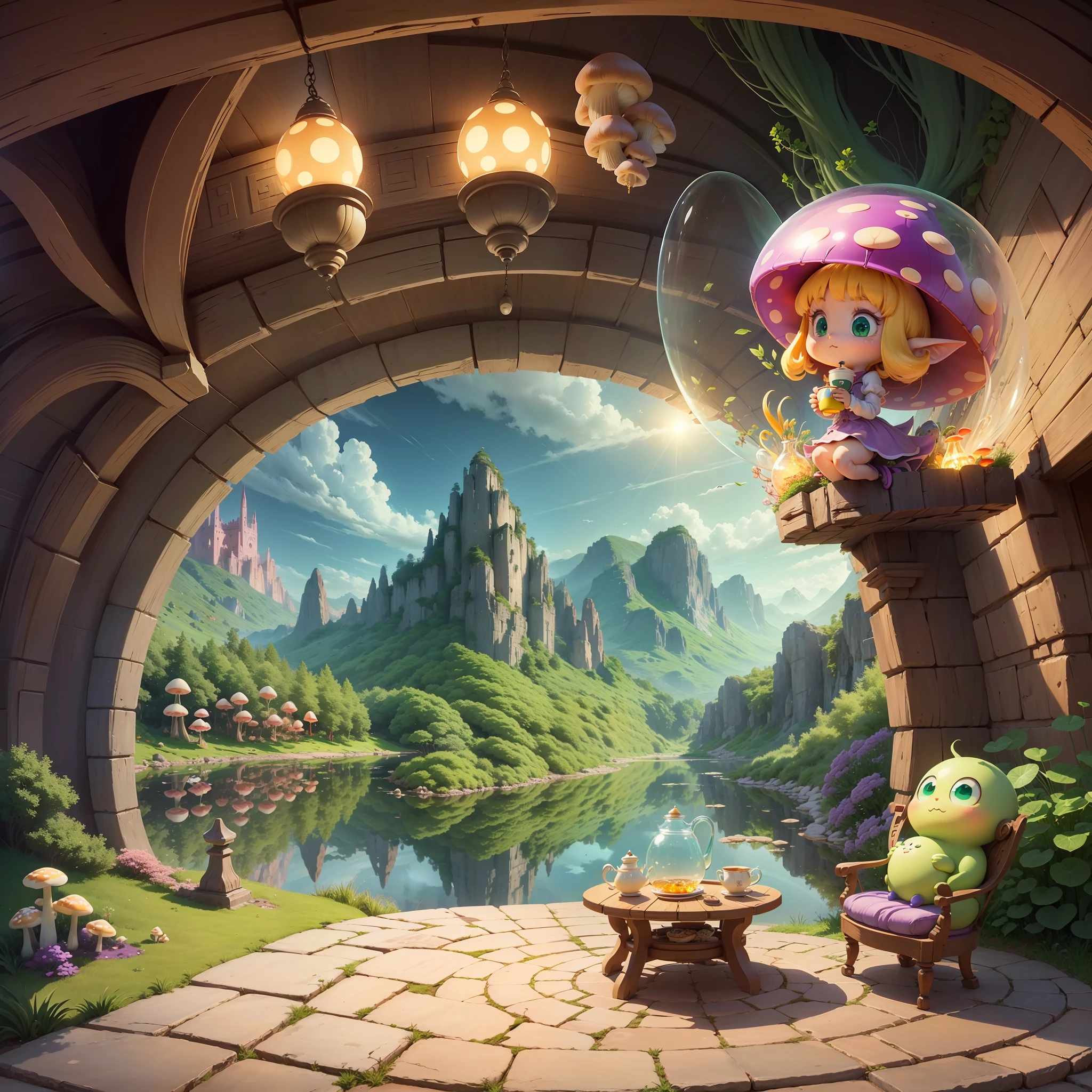 Computer Visualized Graphics, Realistic Fantasy, Anime, Clamp, Chobits, Disney, Cartoon Characters, Extensive Landscape Ultrasound Photography (general view, which shows, glra, cave, passage, tunnel, maze duet, fly agaric, mushrooms, cute cartoon face, big eyes, nose with a cortoshka, mouth, cartoon hands and legs, set, tray, drink tea, actions in the form of pouring tea), blurred background, gloomy, yellow, green, purple background, pink,  warm, magical "Majestic mountains," "Lush forests," "Glittering lakes," "Desert dunes," "Golden sunsets." --auto --s2