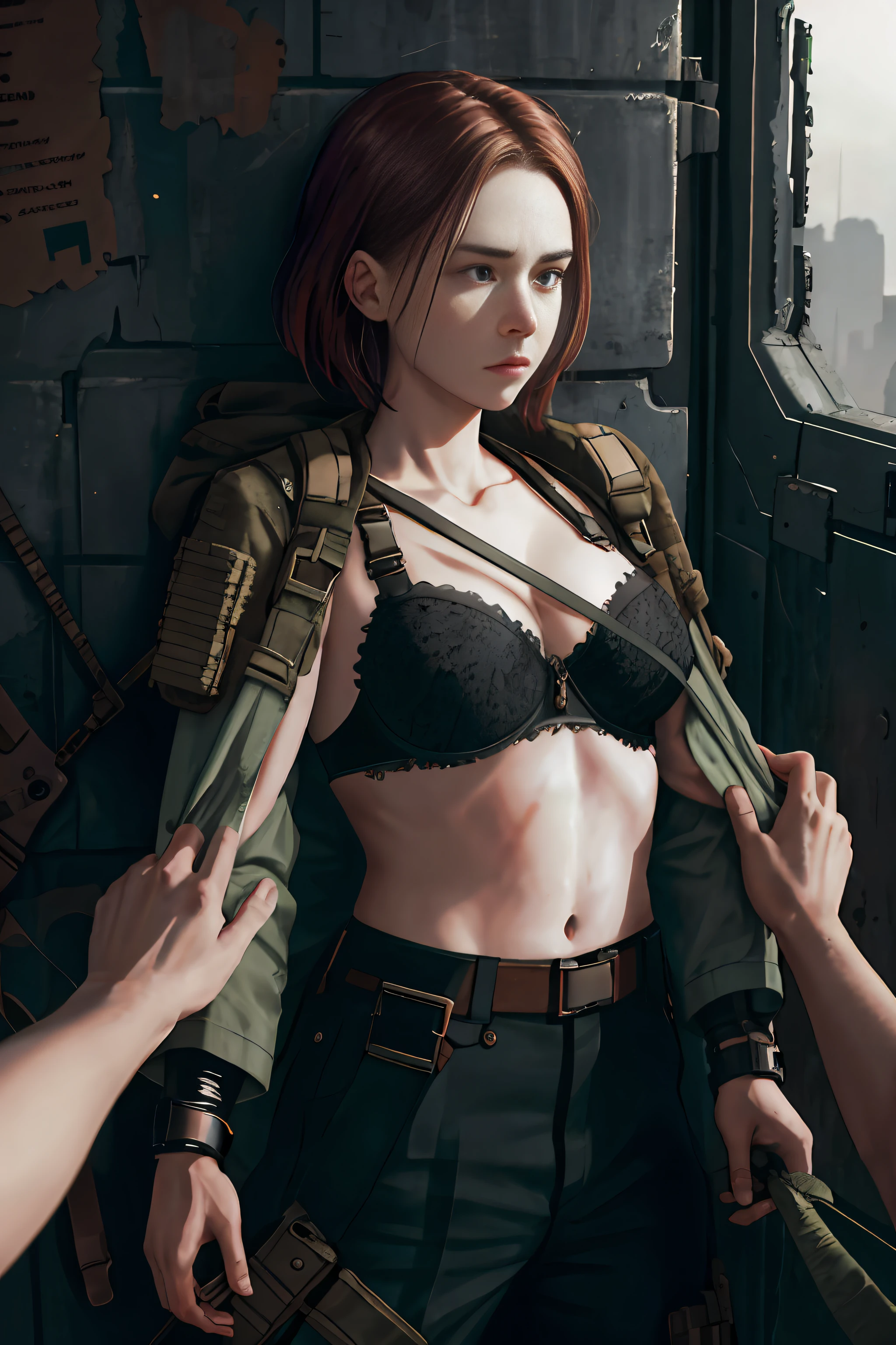 dystopianx style, 1girl, troops, war, apocalypse, pov, pov hands, assisted exposure, pulled by another, lifted by another, undressing another, grabbing, pulling, clothes pull, bra pull, shirt pull, Huber detailed, masterpiece, hyper realistic photo