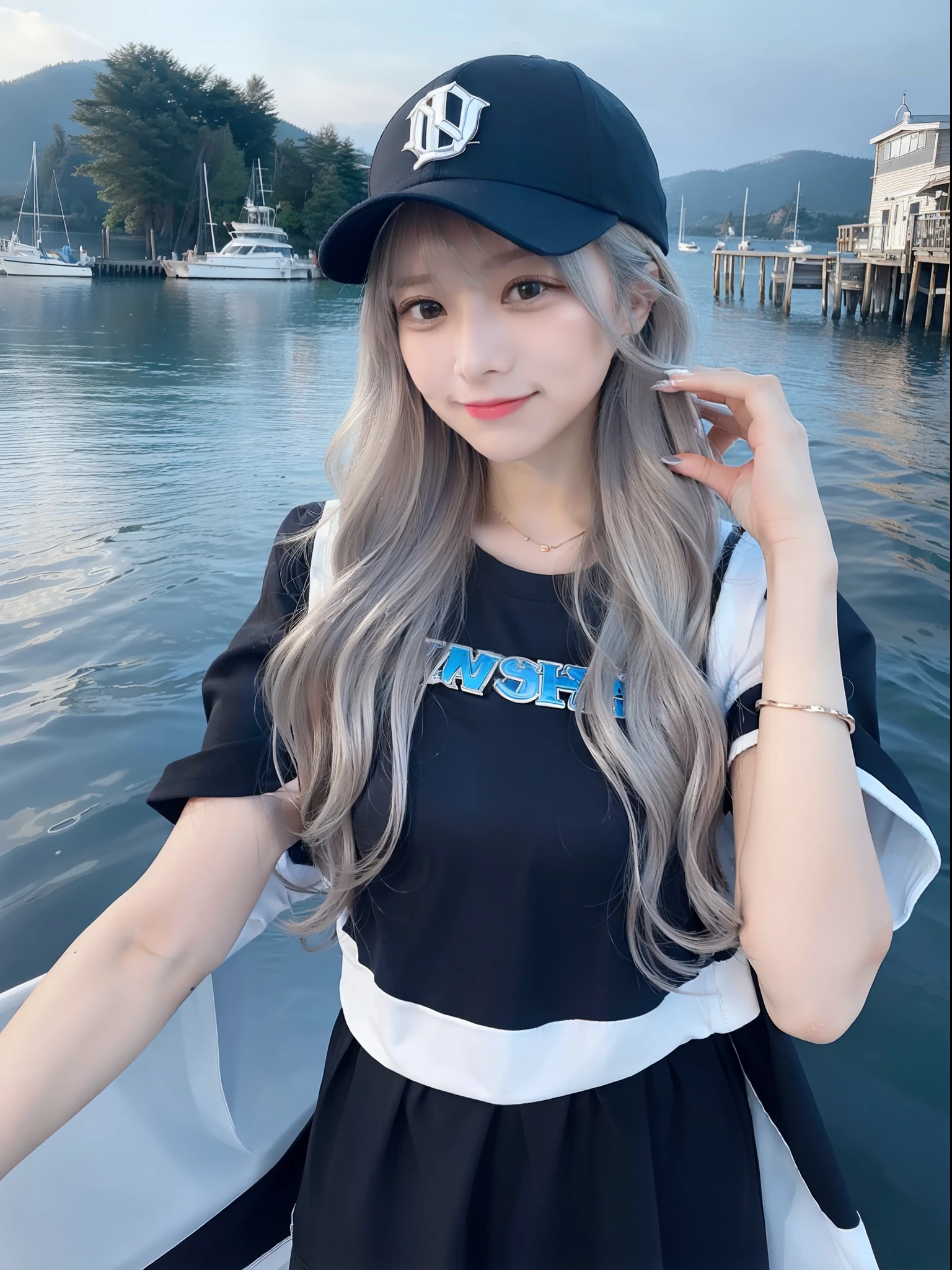 A beautiful woman is standing on a pier at lakeside, One hand close to the face and hand is goo, distant shot, medium hair, flipped hair, wavy hair, baseball cap, beautiful blue lake, (masterpiece: 1.1), (8k, RAW photo:1.2), (best quality: 1.1), black and grey color fishing vest like life jacket, fishing