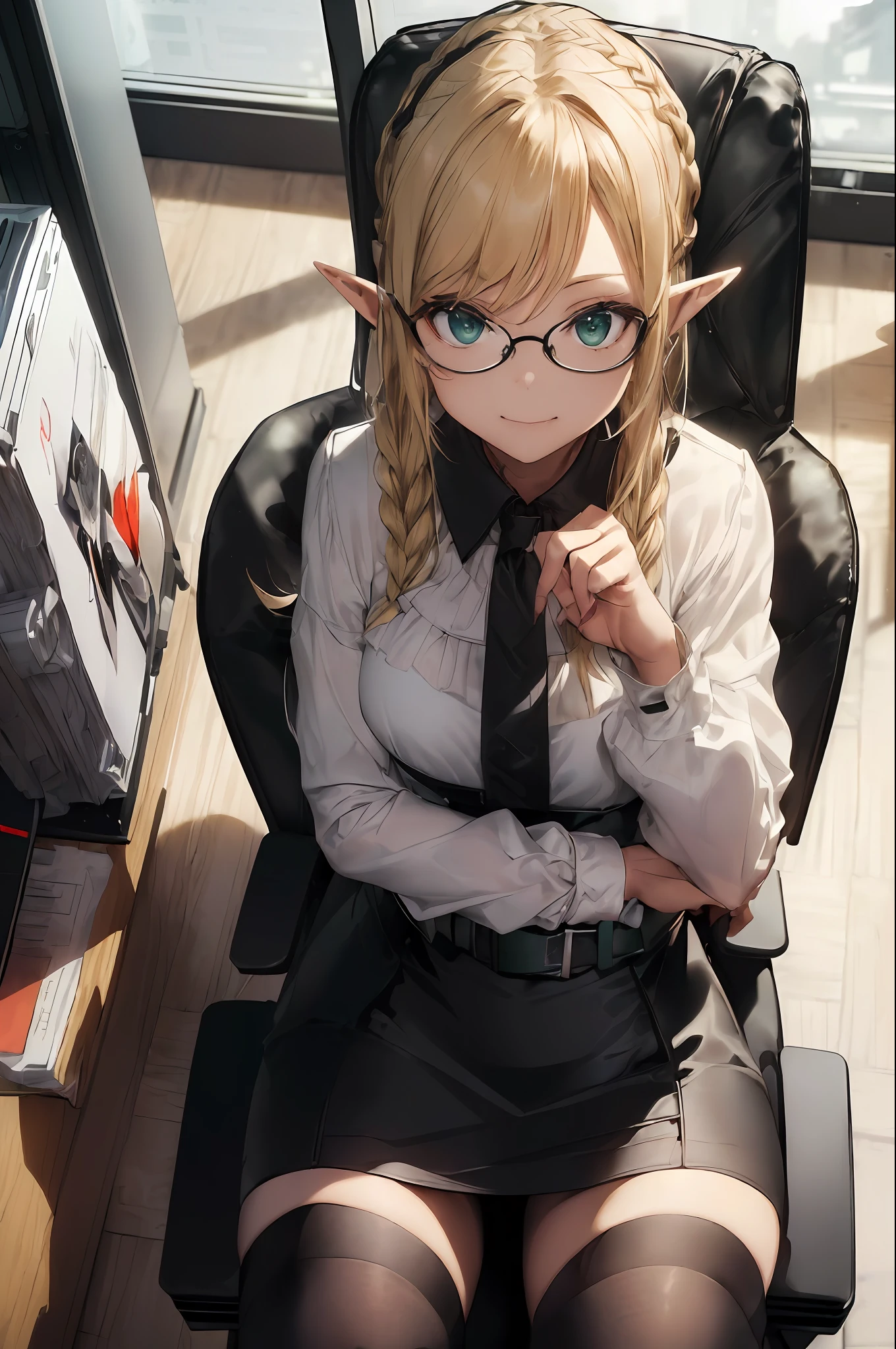 (((Masterpiece, top quality, precision, ultra-detail)))), ((Modern)), ((Elf OL))))), ((((Elf ears))), break, (((White blouse)), break, (Black and pencil skirt)))), break, ((Black over-the-knee tights))))), (Blonde long braid hair), (Glossy big green eyes)))), ((Big)), ((Design office)), ((PC on a stylish office desk)), break, ((((sit in a black office chair and open your legs))))), smile, (glasses))), (tilts your head)))), breeze, ((eye forcus)), dynamic angle, from above