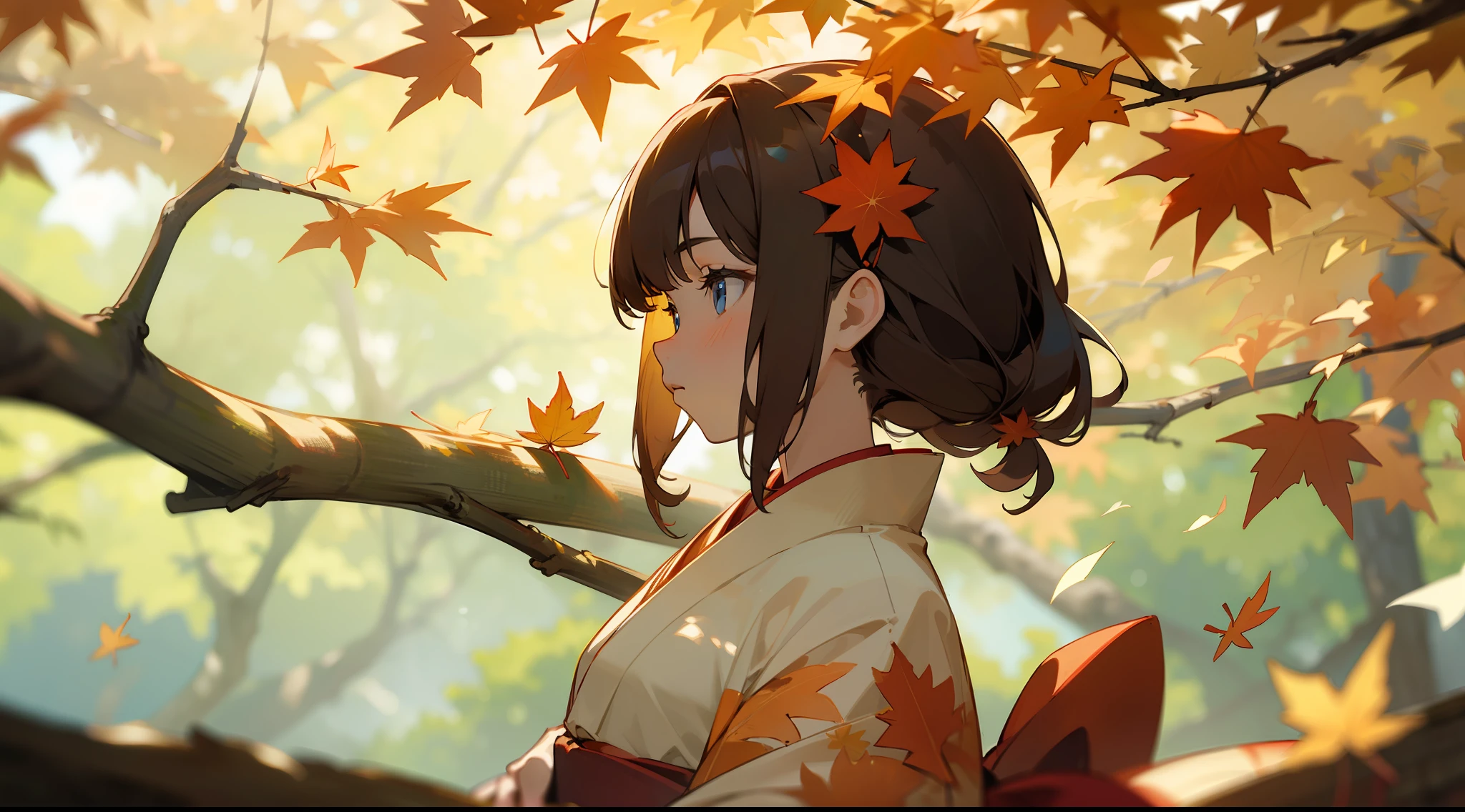 ((masterpiece,best quality)),1girl, bangs, blue eyes, blurry background, branch, brown hair, dappled sunlight, flower, from side, hair flower, hair ornament, japanese clothes, kimono, leaf, (maple leaf:1.2), obi, outdoors, sash, solo, sunlight, upper body