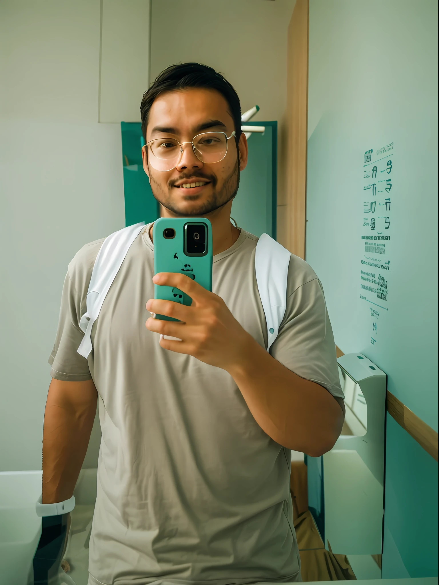 there is a man taking a selfie in a mirror, 8k selfie photograph, very very low quality picture, 2 7 years old, selfie shot straight on angle, 2 8 years old, 2 9 years old, shoulders can be seen, taken with sony alpha 9, 2 3 years old, iphone selfie, low quality photo, with wide angle lens, 3 2 years old