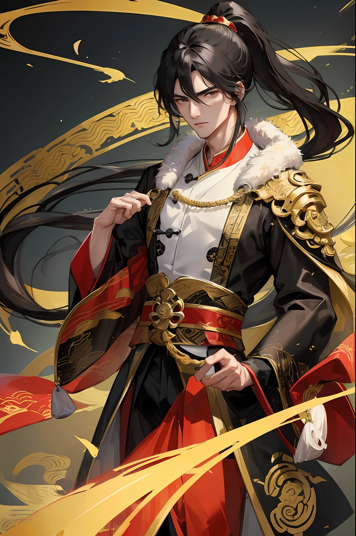 Masterpiece, Excellent, Daytime, 1 Man, Chinese Style, Ancient China, Chinese Court, Black Hair, Black Eyes, Split Hair, Long Hair, Long Bangs, High Ponytail, Handsome, Handsome, Masculine, Serious and Gentle, Black and Gold Mixed, Sky