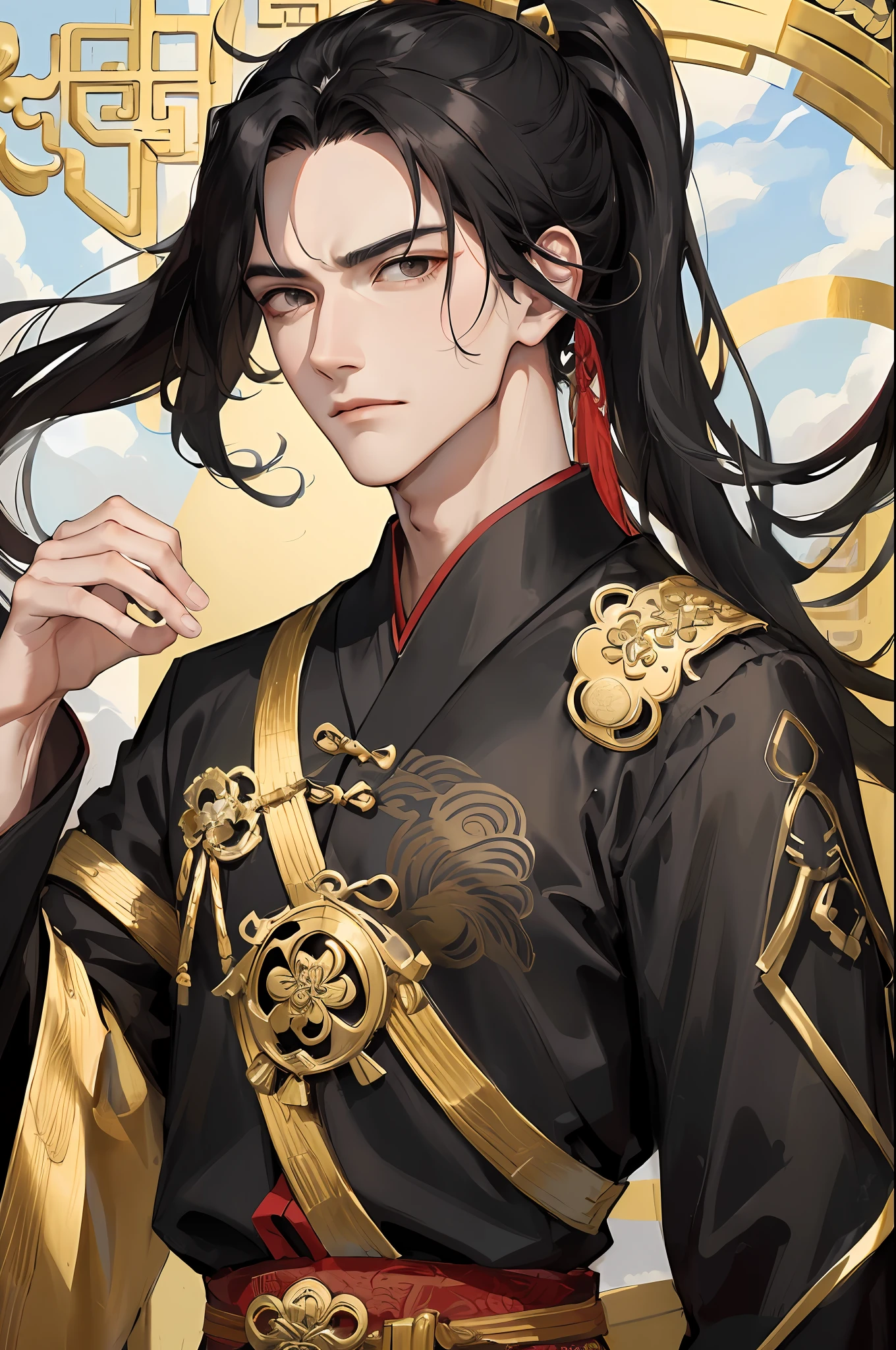 Masterpiece, Excellent, Daytime, 1 person, mature man, Chinese style, ancient China, Chinese court, black hair, black eyes, split hair, long hair, long bangs, high ponytail, handsome, handsome, masculine, serious and gentle, black and gold mixed, sky, white clouds, sky background