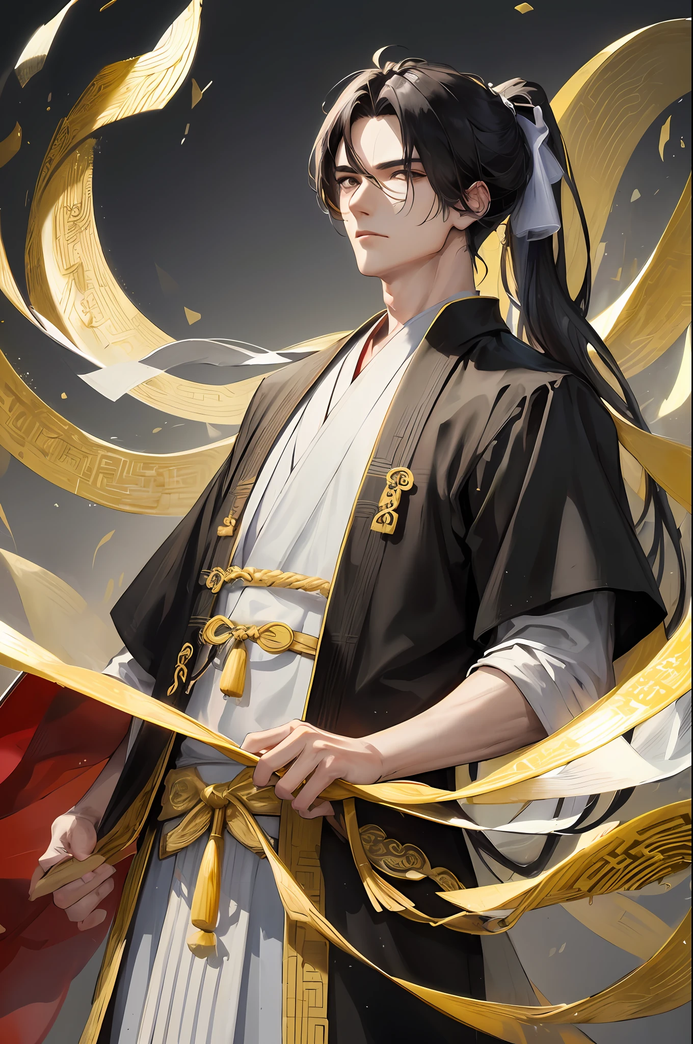 Masterpiece, Excellent, Daytime, 1 person, mature man, Chinese style, ancient China, Chinese court, black hair, black eyes, split hair, long hair, long bangs, high ponytail, handsome, handsome, masculine, serious and gentle, black and gold mixed, sky, white clouds, sky background