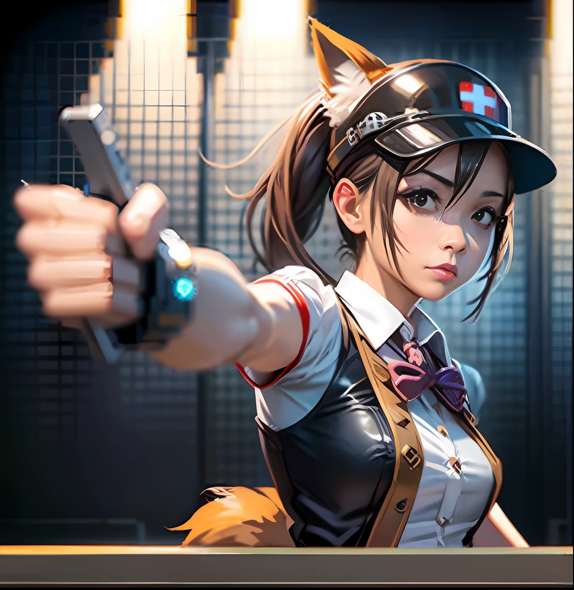 , (pixel art, pixel style), steampunk, girls, nurse, fox ears, embarrassment, ponytail, bracelet, cheongsam, baseball helmet, weasel tail, thumb up, selfie, toilet cubicle, chainsaw man, lightning method