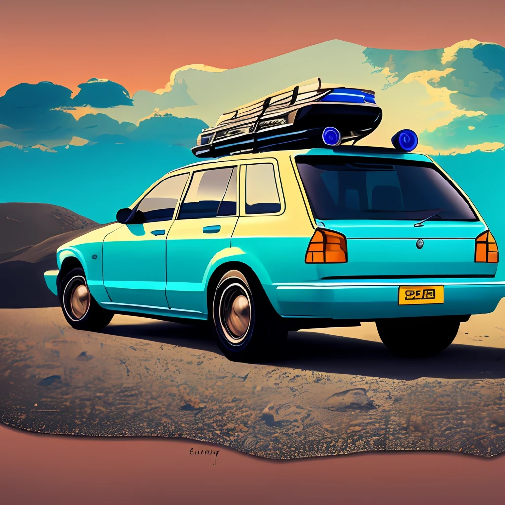Digital art car illustration drawing, in the style of oil paintings, turquoise blue and light pearlescent brown, 32k UHD, snake, vibrant, exaggerated scenes, nature scenes, hard edge painting.