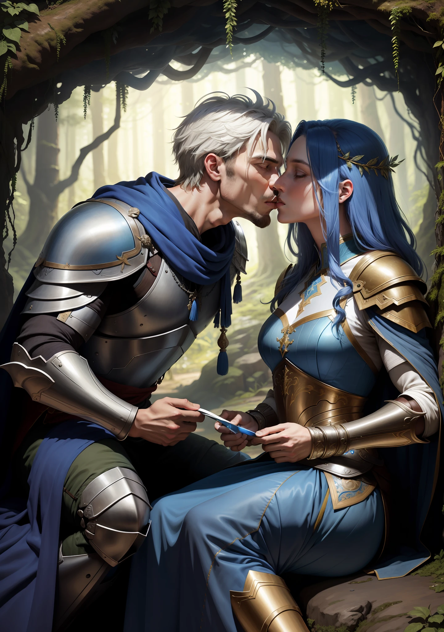 (extremely detailed:1.15),(best quality:1.2),(classical:1.1),(magical:1.2), a male warrior in armor, (kissing:1.2) a female magician adorned in long blue robes, inside a cavern in the forest.