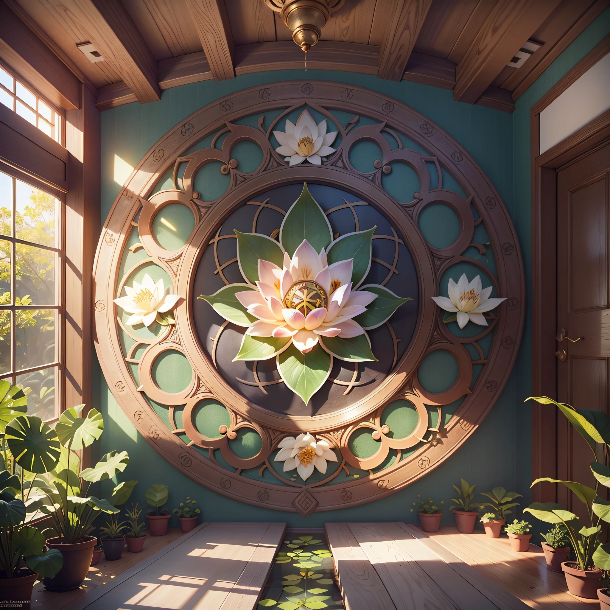 a lotus flower with a leaf in the middle, lotus, symetrical, centered in picture, health spa and meditation center, centered in image, centered elven, standing gracefully upon a lotus, ancient symbol behind it, zen, concept piece, buddhist, clematis theme logo, elemental guardian of life, symbol, chakras, energy, mystical, bright colors, higly detailed render, concept art, octane render, sunny atmosphere