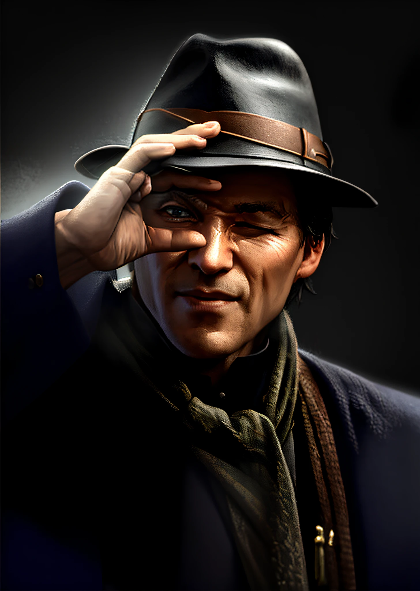 eyes through the fingers of his raised right hand, Realistic right hand, left eye closed, (no glasses:1.2), Five fingers in total, including complete, natural and hidden fingers, Right arm clearly visible, Alafed man in hat and scarf looking at camera, director Juzo Itami, guttonerdvision3, black and white, concept art, artstation, trend, highly detailed, smooth, focus, technical (((Split Light))), Super realistic portraits,  high quality