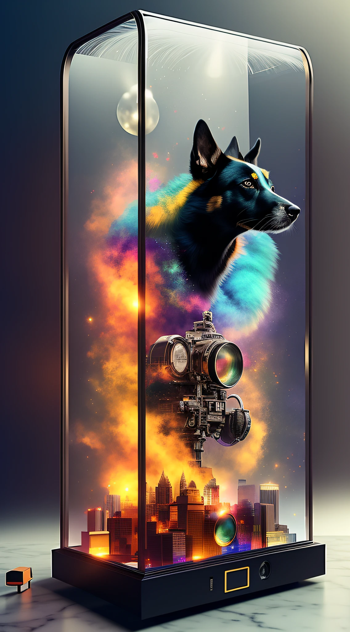 there is a dog that is inside of a glass case, colorfull digital fantasy art, beautiful digital artwork, beautiful art uhd 4 k, stunning digital illustration, amazing wallpaper, 4k highly detailed digital art, surrealistic digital artwork, amazing digital art, 4k detailed digital art, digital art 4k, digital art 4 k, artistic 4 k