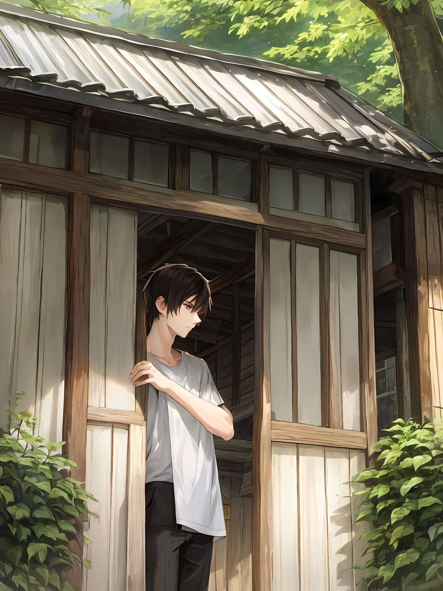 Under the lush primeval forest, a slender teenager in white T-sleeves sat with his back to the audience under the eaves of an antique wooden house facing the rain, people and wooden houses on the left, and the forest on the right