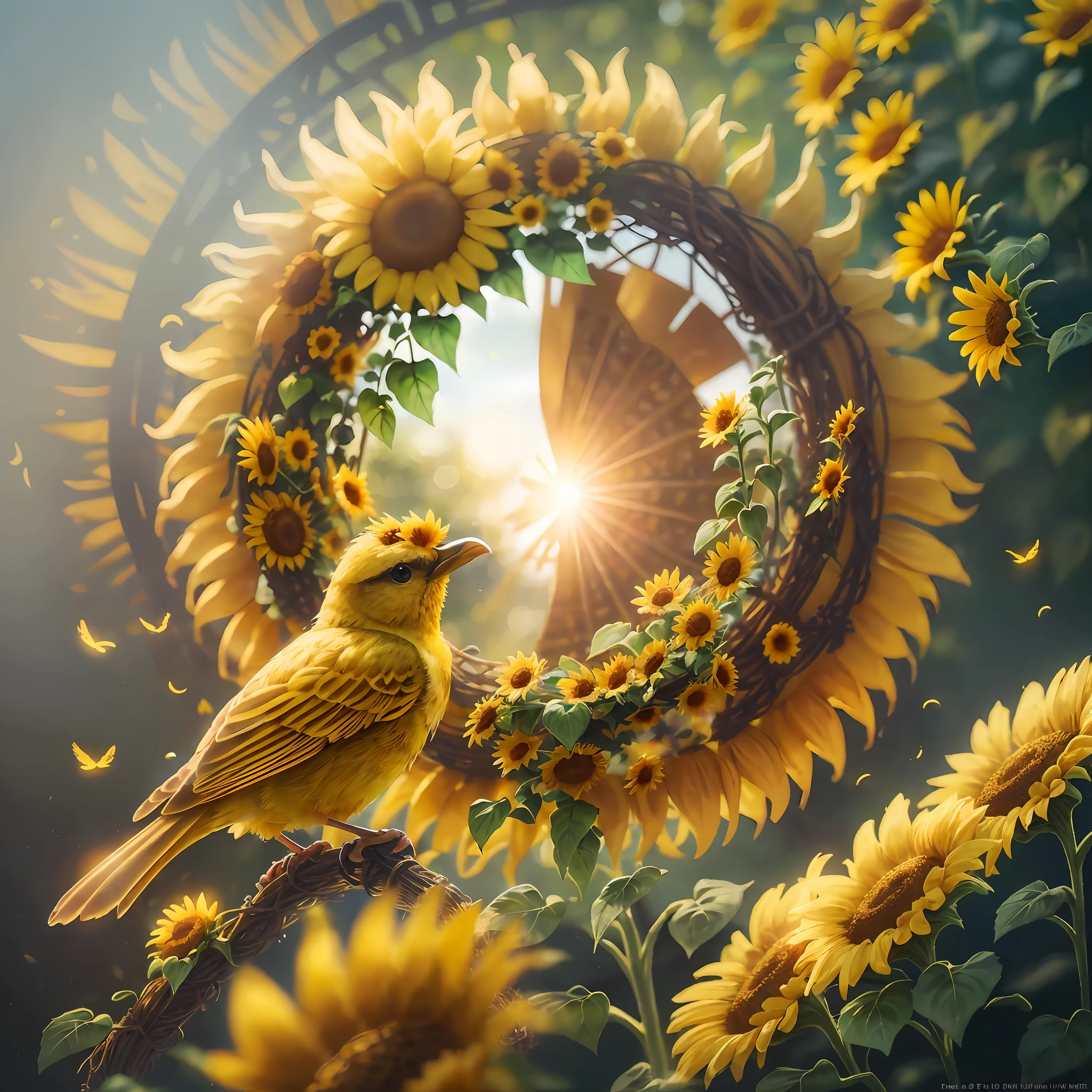 Close-up photo of a very cute yellow bird with a sunflower wreath, soft volumetric light, (backlight: 1.3), (movie: 1.2), intricate details, (ArtStation: 1.3), Rutkowski