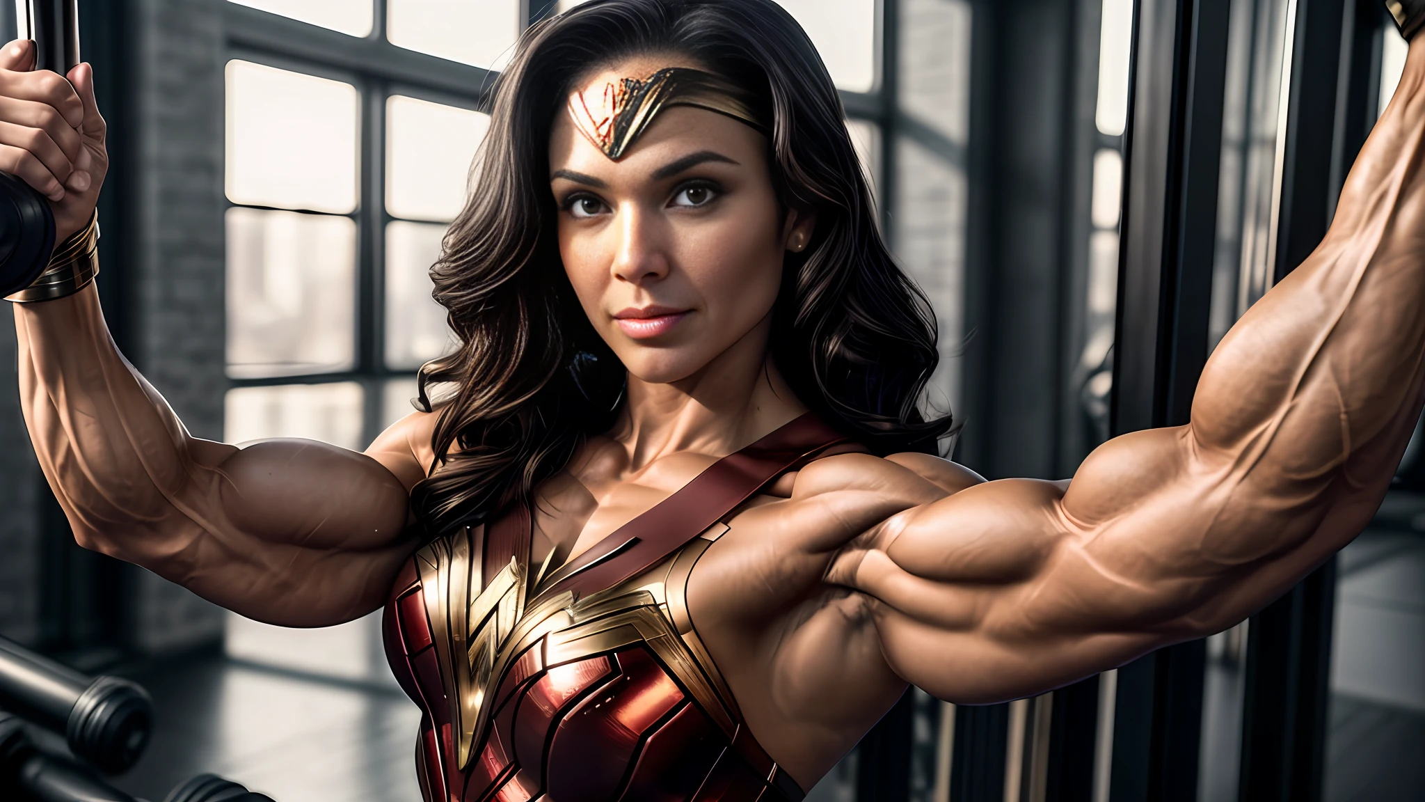 Wonder Woman bodybuilder, muscular, super strong,((upper body selfie, happy)), masterpiece, best quality, ultra-detailed, solo, gym, analog style (look at viewer:1.2) (skin texture) (film grain:1.3), (warm hue, warm tone) :1.2), close up, cinematic light, sidelighting, ultra high res, best shadow, RAW, upper body