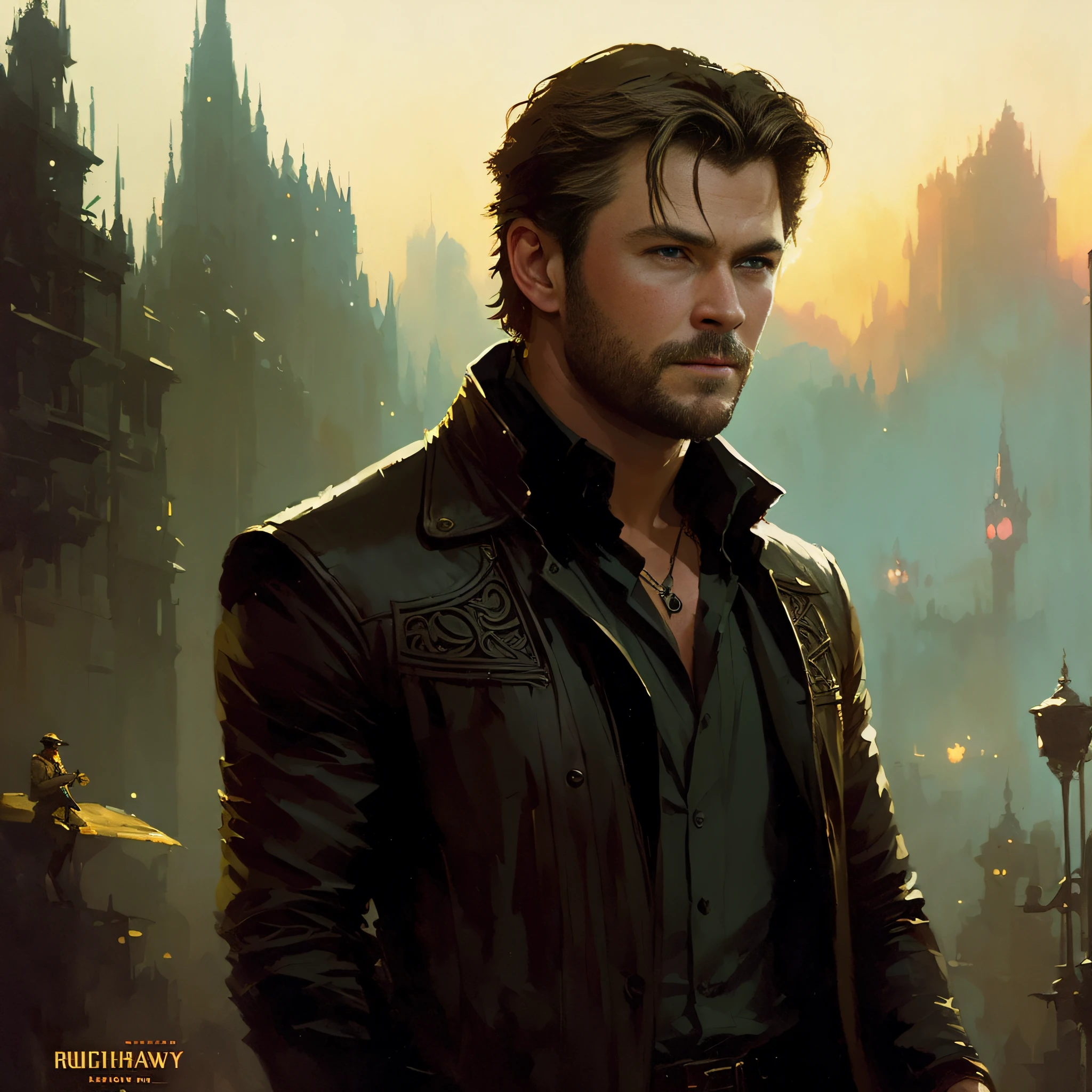 Chris Hemsworth, VHS Effect, (Poster: 1.2), Poster on the Wall, Nostalgia, Movie Poster, (Skin Texture), Intricate Detail, Fine Detail, Hyperdetail, Ray Tracing, Subsurface Scattering, Diffuse Soft Light, Shallow Depth of Field, (Oliver Wetter) Ed Blinkey, Atey Ghailan, Studio Ghibli Professional majestic oil painting, Jeremy Mann, Greg Manchess, Antonio Moro by (greg rutkowski:1.4), bokeh