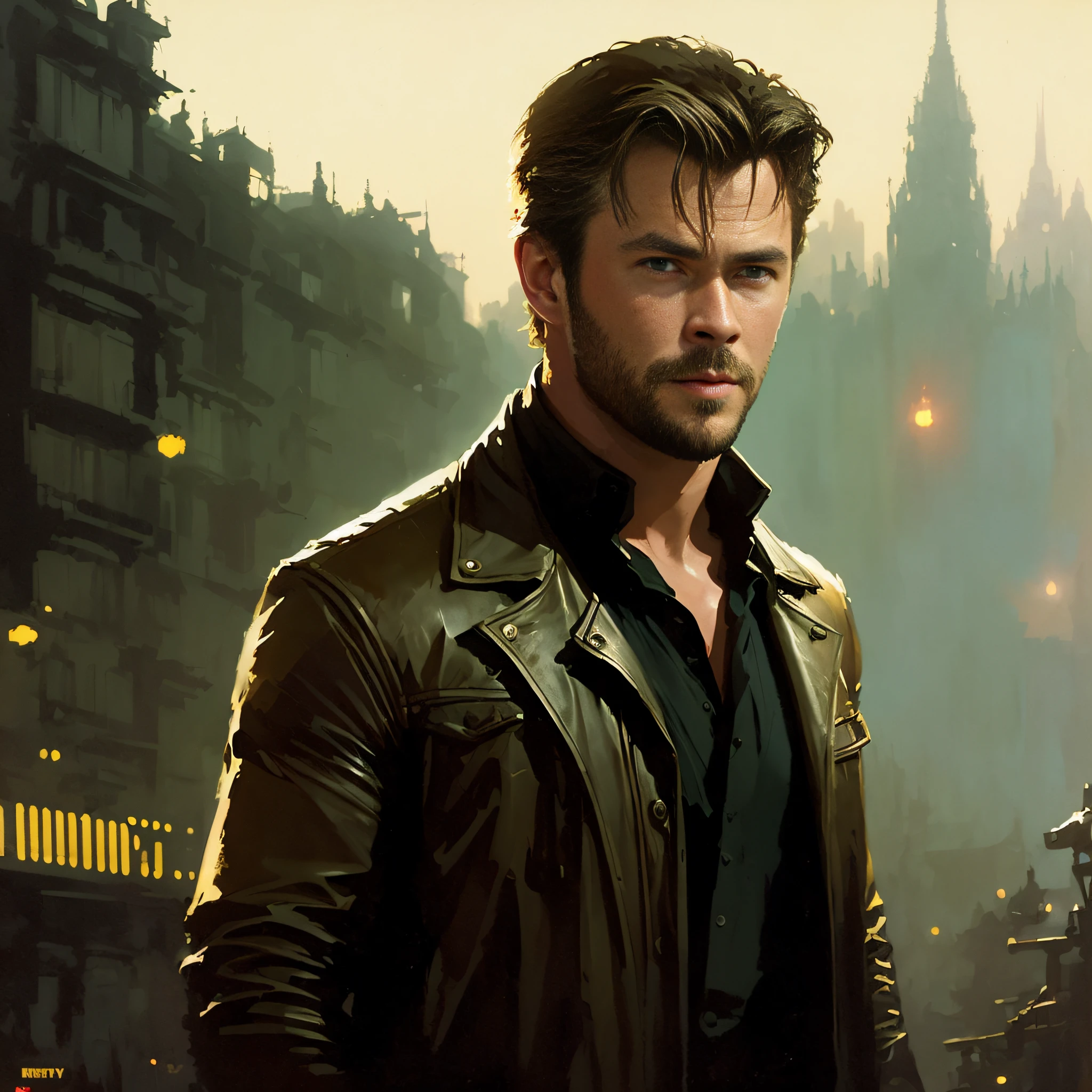 Chris Hemsworth, VHS Effect, (Poster: 1.2), Poster on the Wall, Nostalgia, Movie Poster, (Skin Texture), Intricate Detail, Fine Detail, Hyperdetail, Ray Tracing, Subsurface Scattering, Diffuse Soft Light, Shallow Depth of Field, (Oliver Wetter) Ed Blinkey, Atey Ghailan, Studio Ghibli Professional majestic oil painting, Jeremy Mann, Greg Manchess, Antonio Moro by (greg rutkowski:1.4), bokeh