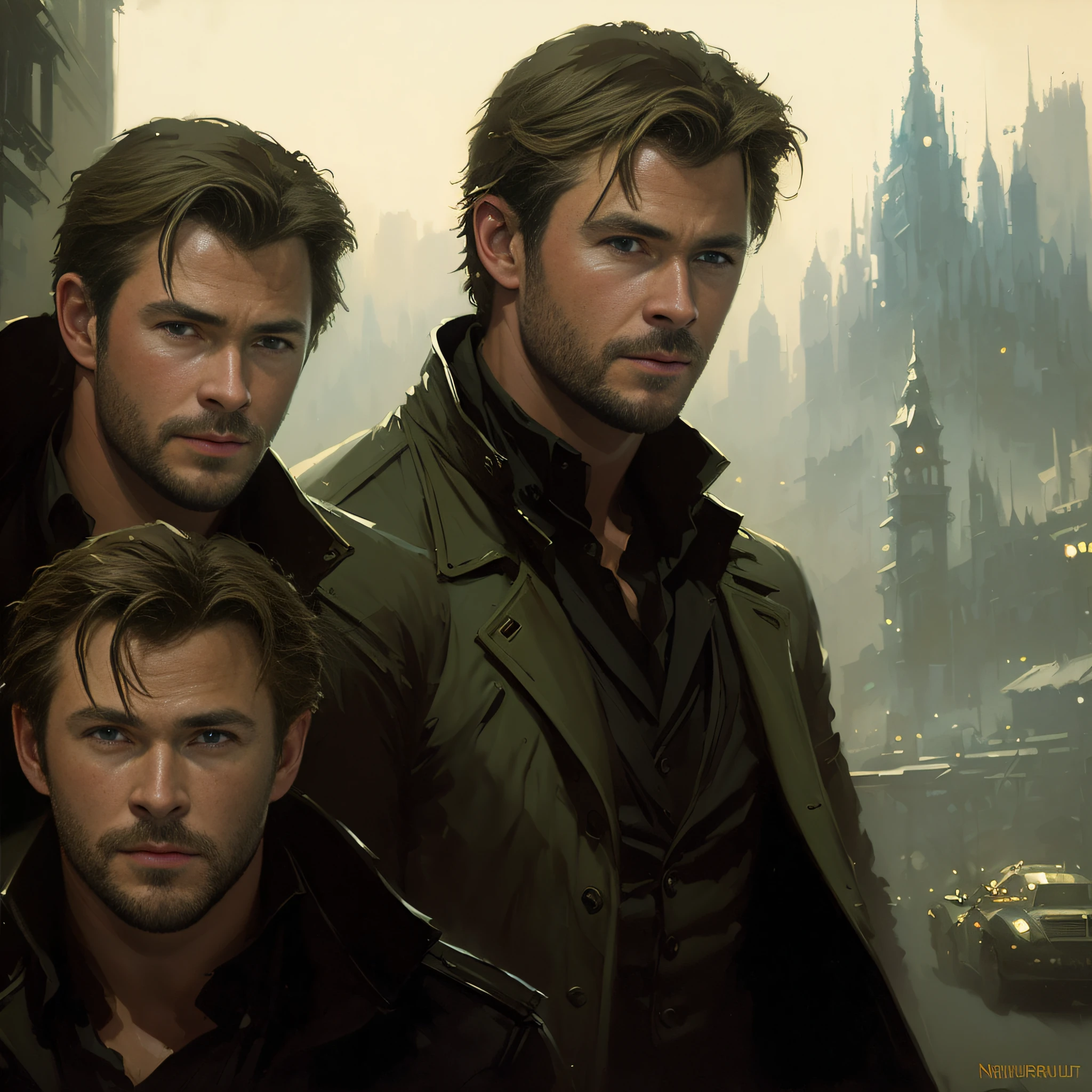Chris Hemsworth, VHS Effect, (Poster: 1.2), Poster on the Wall, Nostalgia, Movie Poster, (Skin Texture), Intricate Detail, Fine Detail, Hyperdetail, Ray Tracing, Subsurface Scattering, Diffuse Soft Light, Shallow Depth of Field, (Oliver Wetter) Ed Blinkey, Atey Ghailan, Studio Ghibli Professional majestic oil painting, Jeremy Mann, Greg Manchess, Antonio Moro by (greg rutkowski:1.4), bokeh