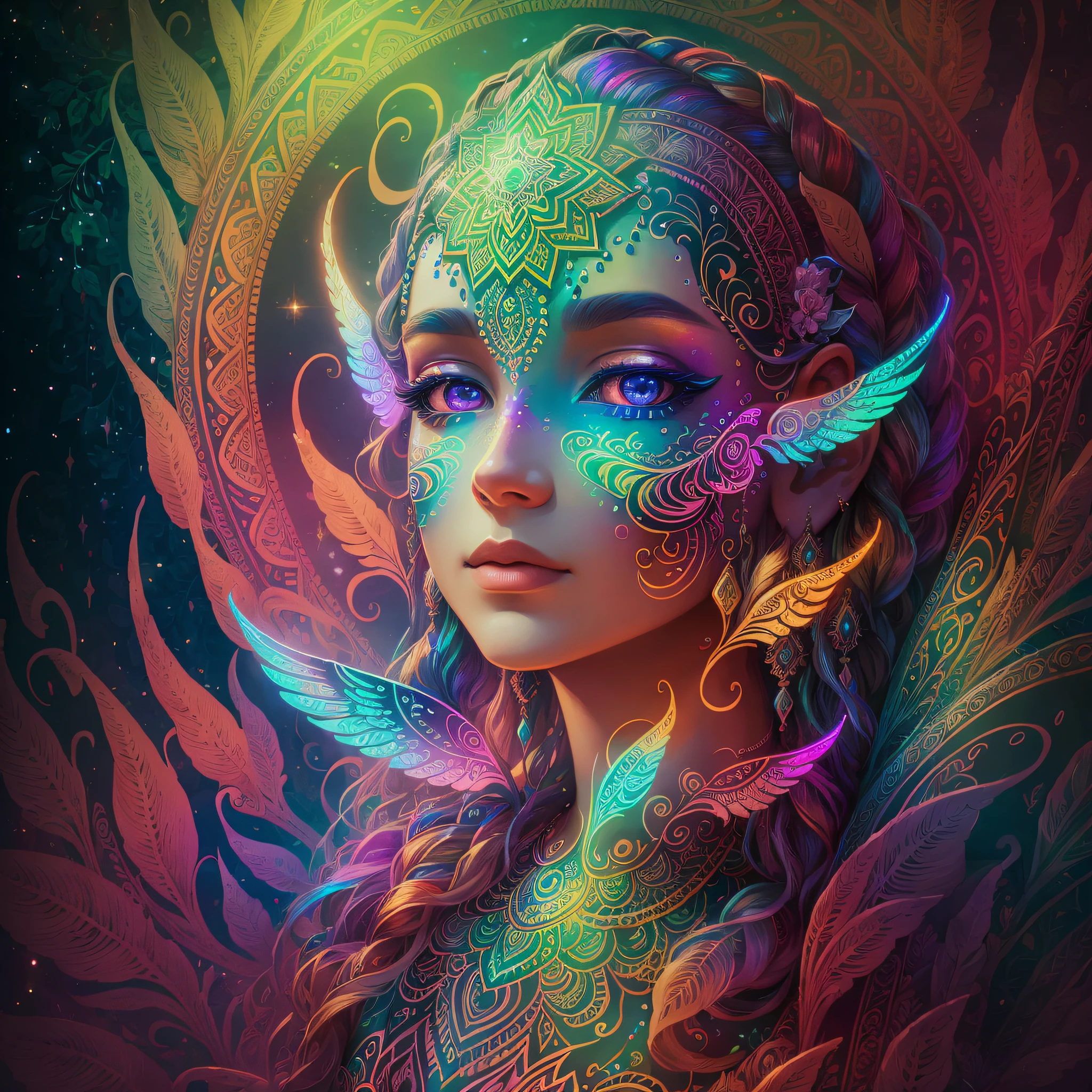 In a dreamlike landscape, depict a mesmerizing fusion of tribal face paint and intricate mandala patterns adorning the wings of a mythical creature, exuding an ethereal glow of opalescent and holographic hues, Ornate, Sumptuous and Far-reaching, in the style of Barbara Stauffacher Solomon, Ambrosius Benson and František Dvořák, 8k resolution --auto --s2