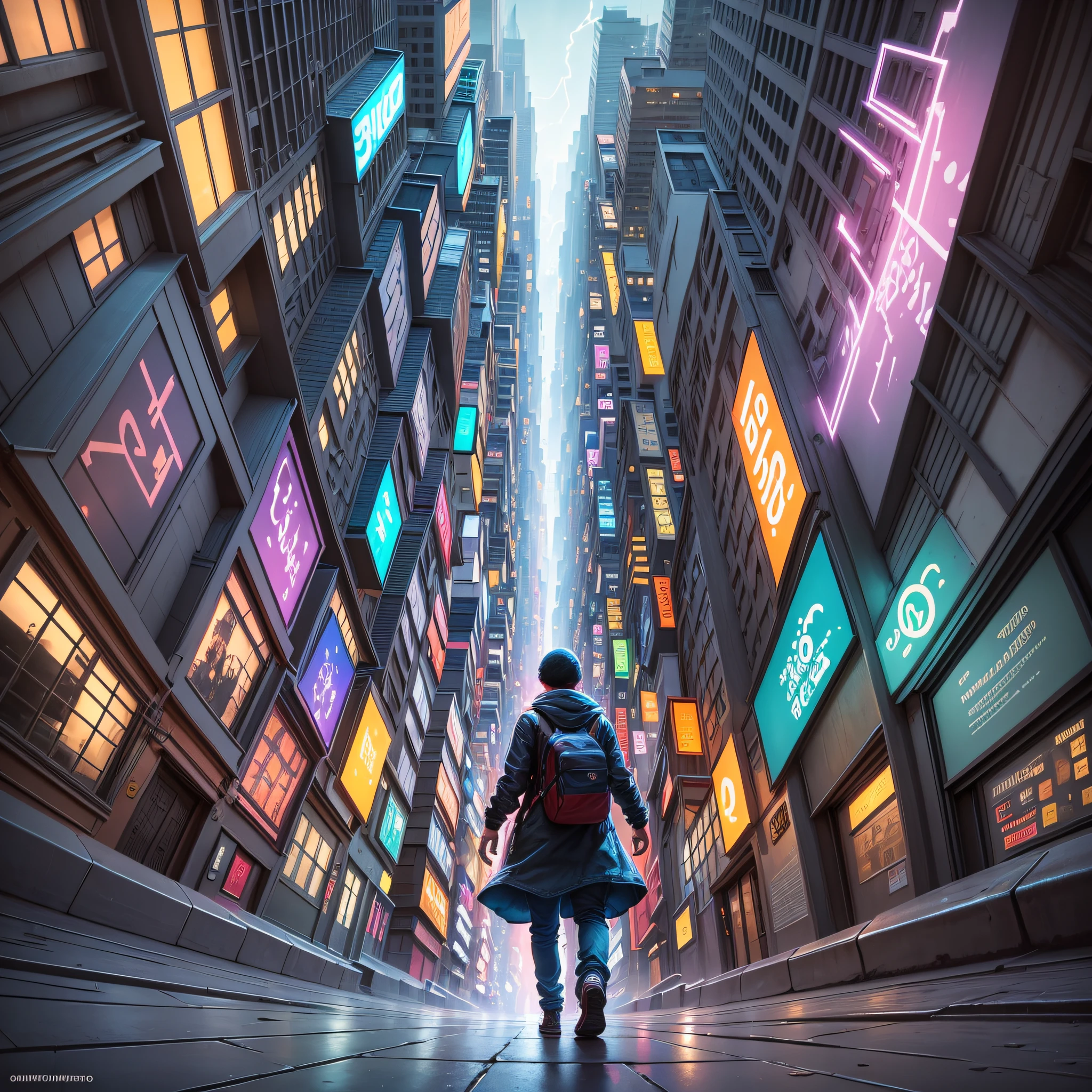 Create a fascinating scene of a lone figure traversing a labyrinthine cityscape adorned with vibrant graffiti, while glowing orbs float around, casting an otherworldly glow. Embrace the energy of street art and vibrant colors while maintaining a sense of mystery and exploration, Grandiose, Convoluted and Thorough, in the style of Carl Moll, Ettore Tito and Harriet Backer, High resolution --auto --s2
