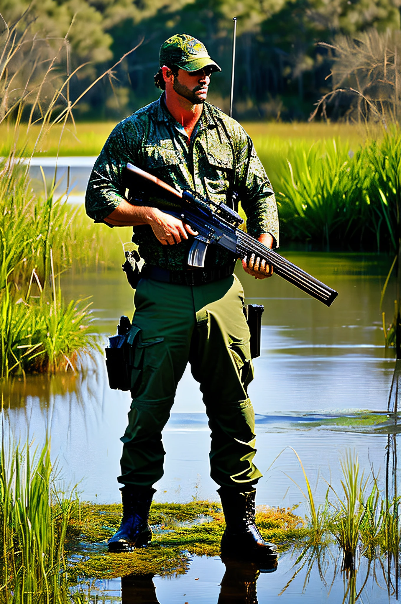 (masterpiece), high quality, hunter, wetland, late afternoon, alligator, (1 man), shooter, rifle, dark green, strong silhouette, hardness of the environment, in a lush and wild wetland.