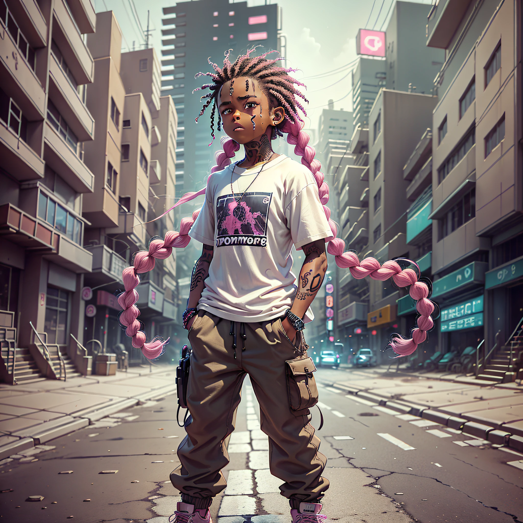 brown-skinned boy, nagô braid hair, eyes pulled, tattoos on arm, white oversized t-shirt, white cargo pants, shock pink sneakers, Japanese drawing style strokes, destroyed city, cyberpunk scenery and style, dark energy coming out through the arms --auto --s2