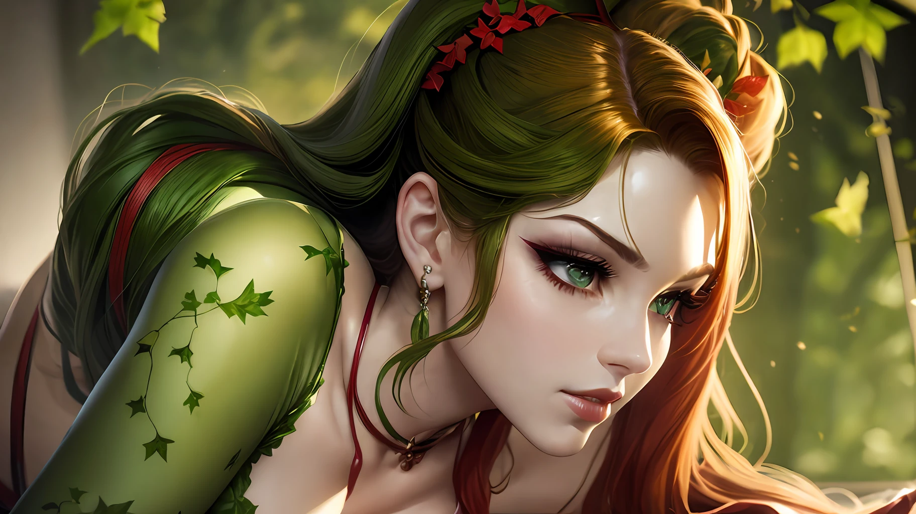 ((masterpiece)), (best quality, high resolution), dynamic pose, intimate bedroom setting, dramatic lighting, Poison Ivy using her vines to tie up Harley Quinn, close-up shot of bondages, color grading --auto --s2