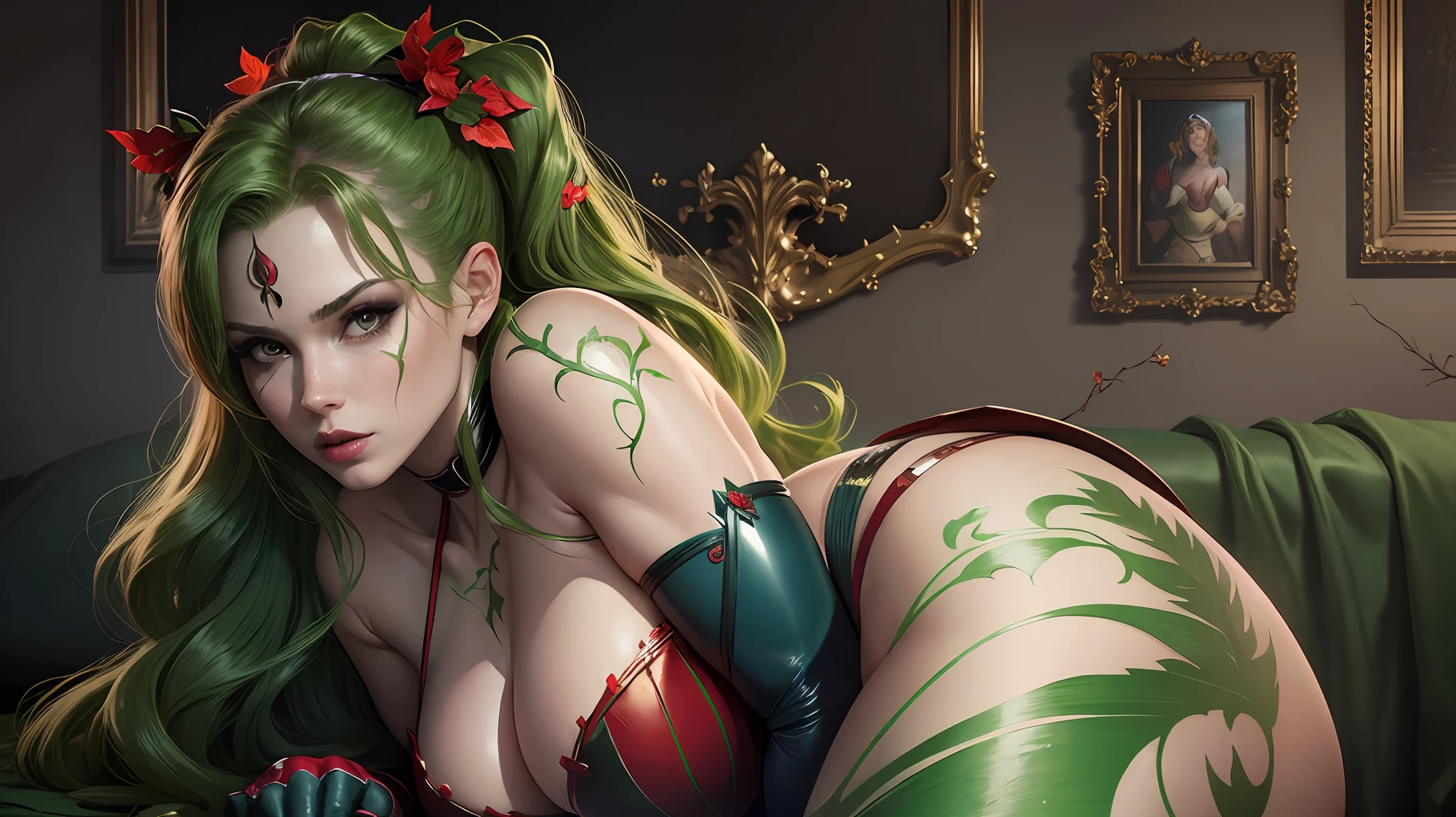 ((masterpiece)), (best quality, high resolution), dynamic pose, intimate bedroom setting, dramatic lighting, Poison Ivy using her vines to tie up Harley Quinn, close-up shot of bondages --auto --s2